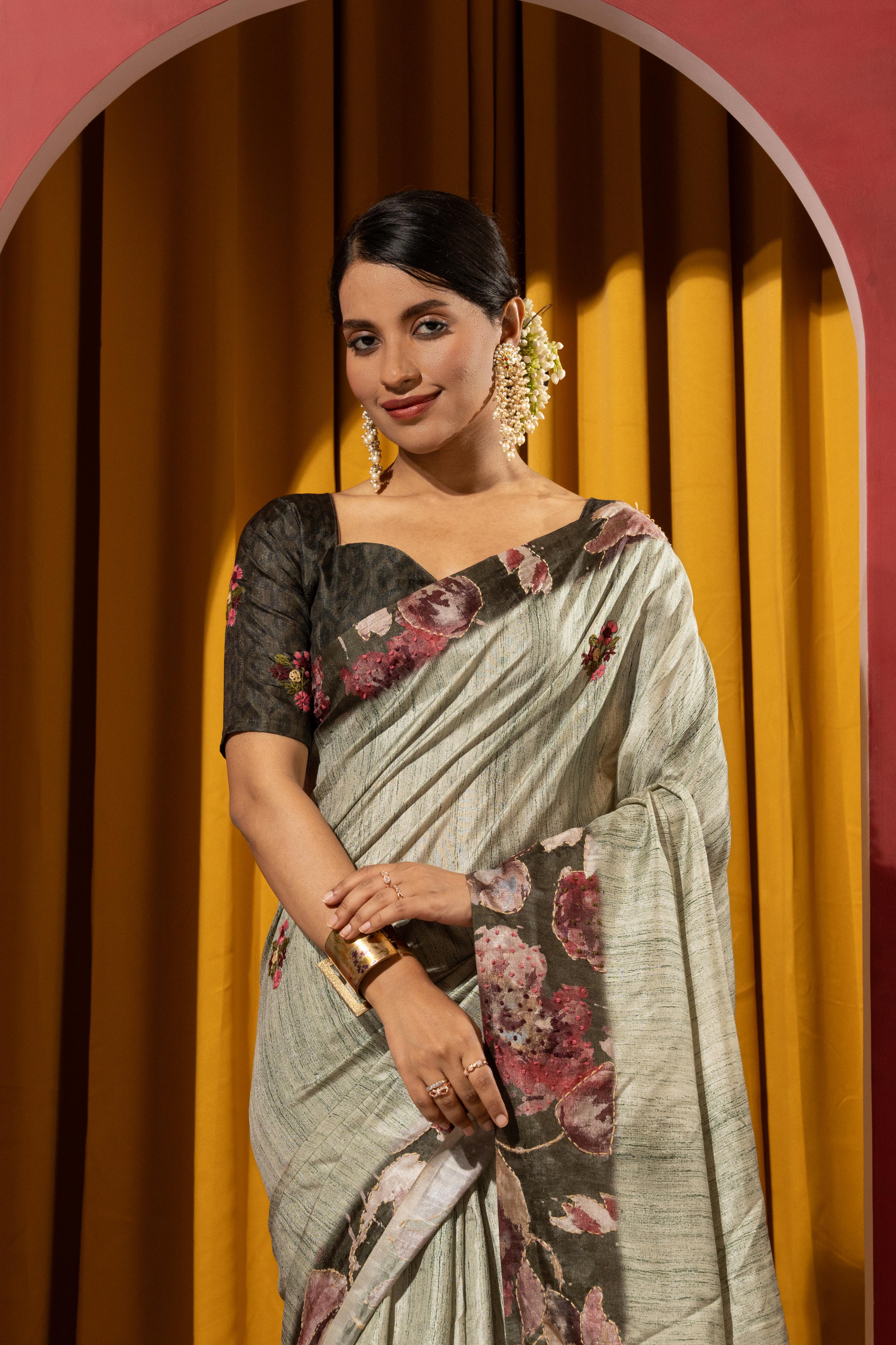 Cyan Collom Silk Saree with Hand Knotwork