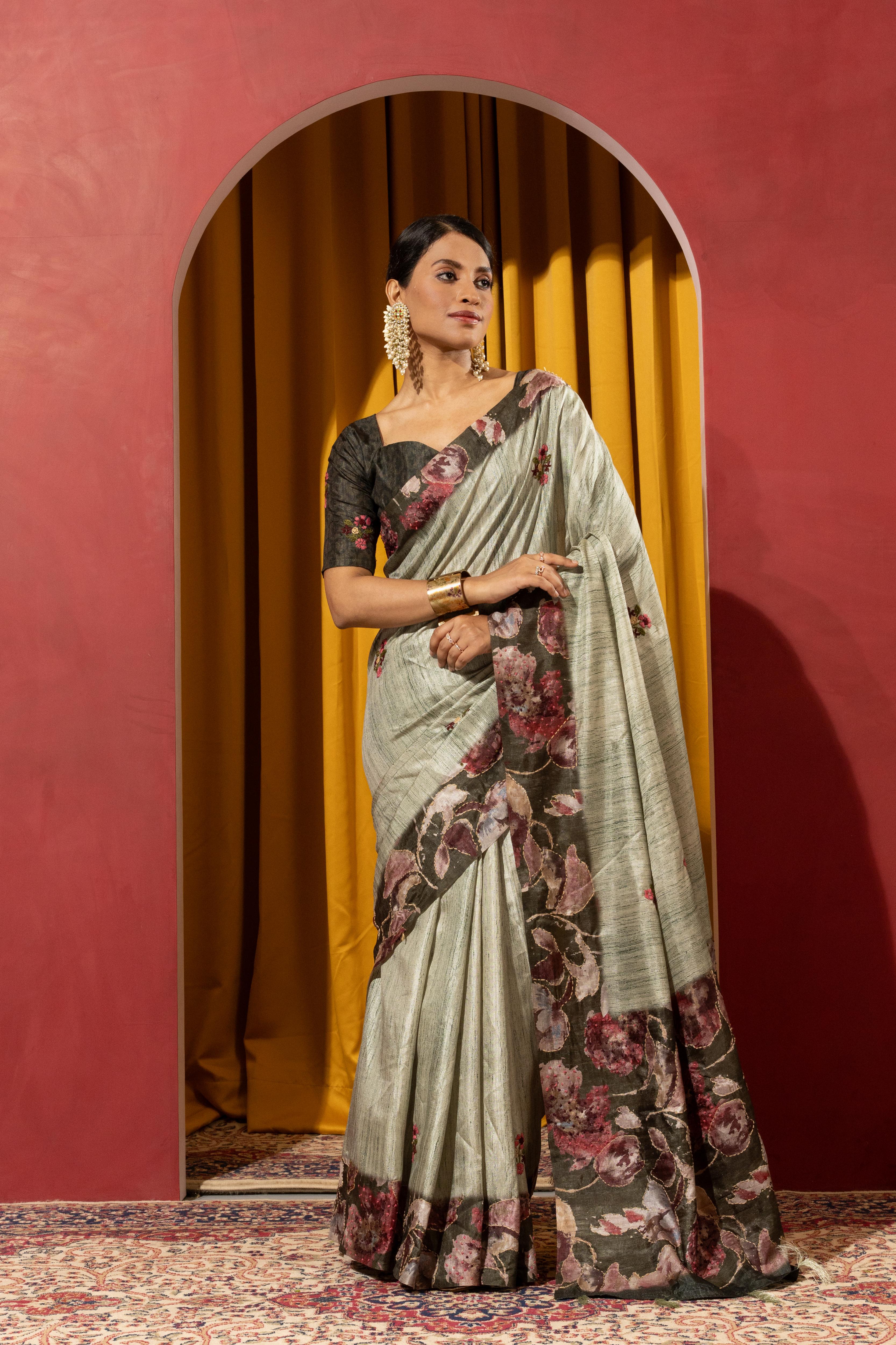 Cyan Collom Silk Saree with Hand Knotwork