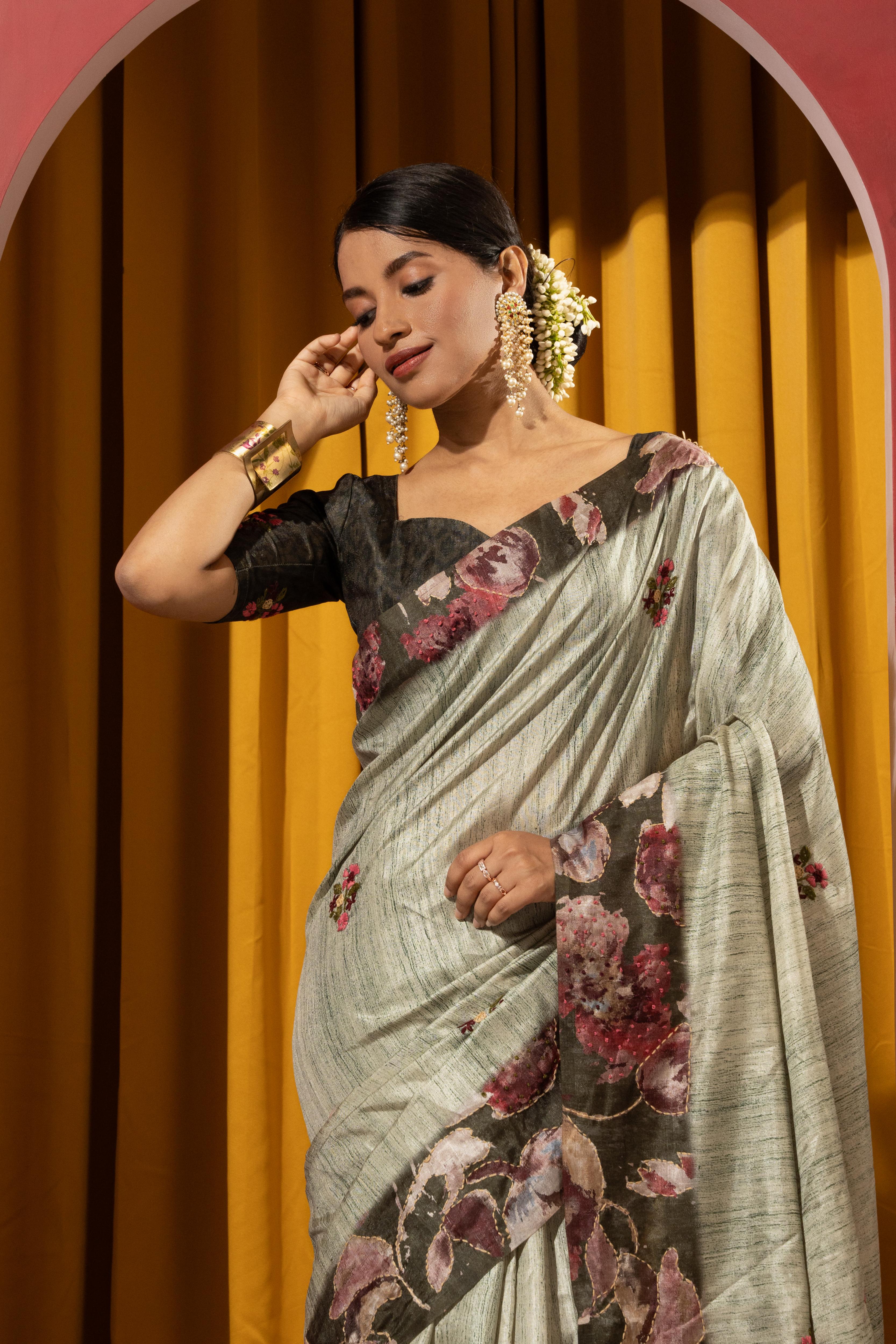 Cyan Collom Silk Saree with Hand Knotwork