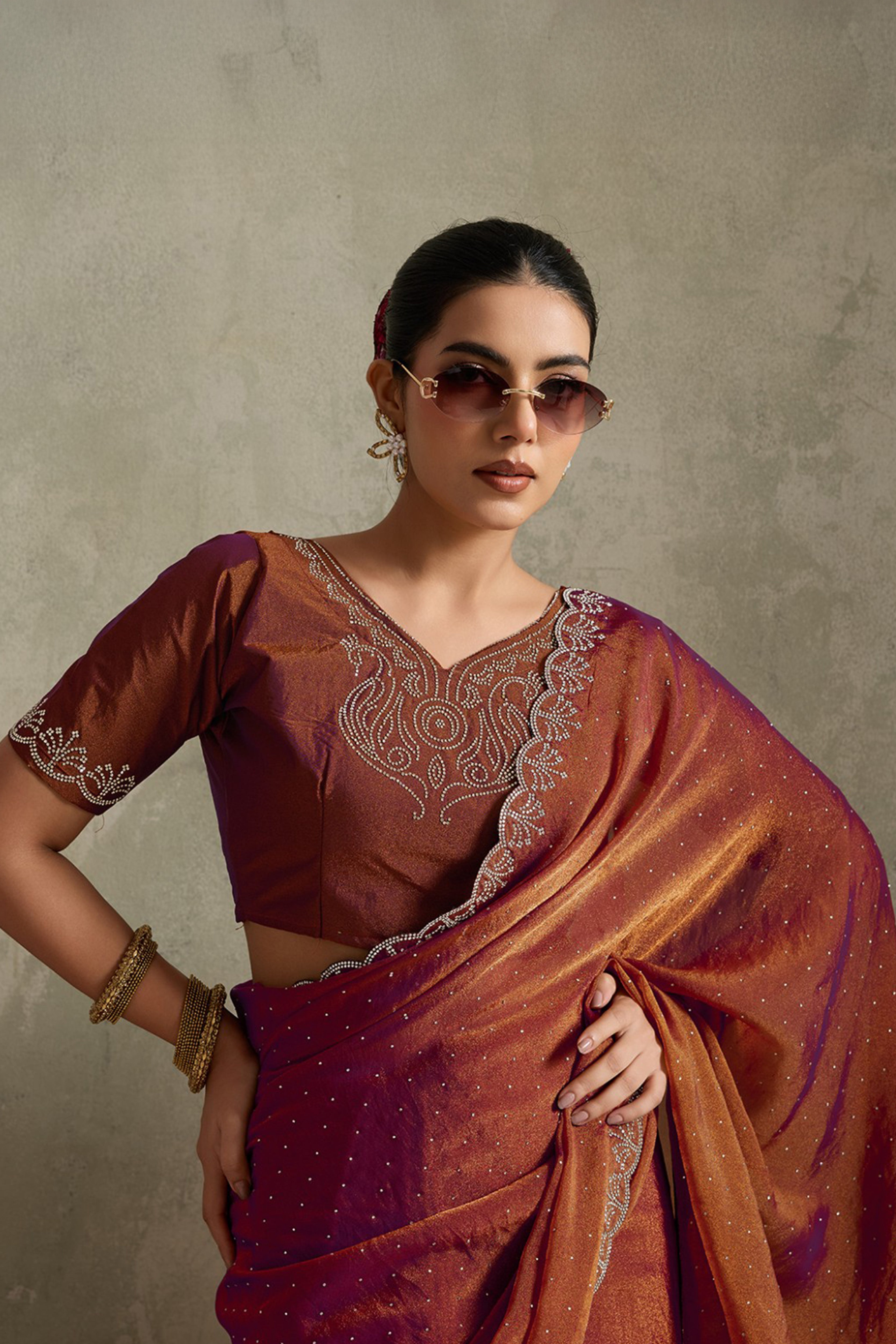 Rust Brown NC Moss Saree with Embroidered Border sedoracouture