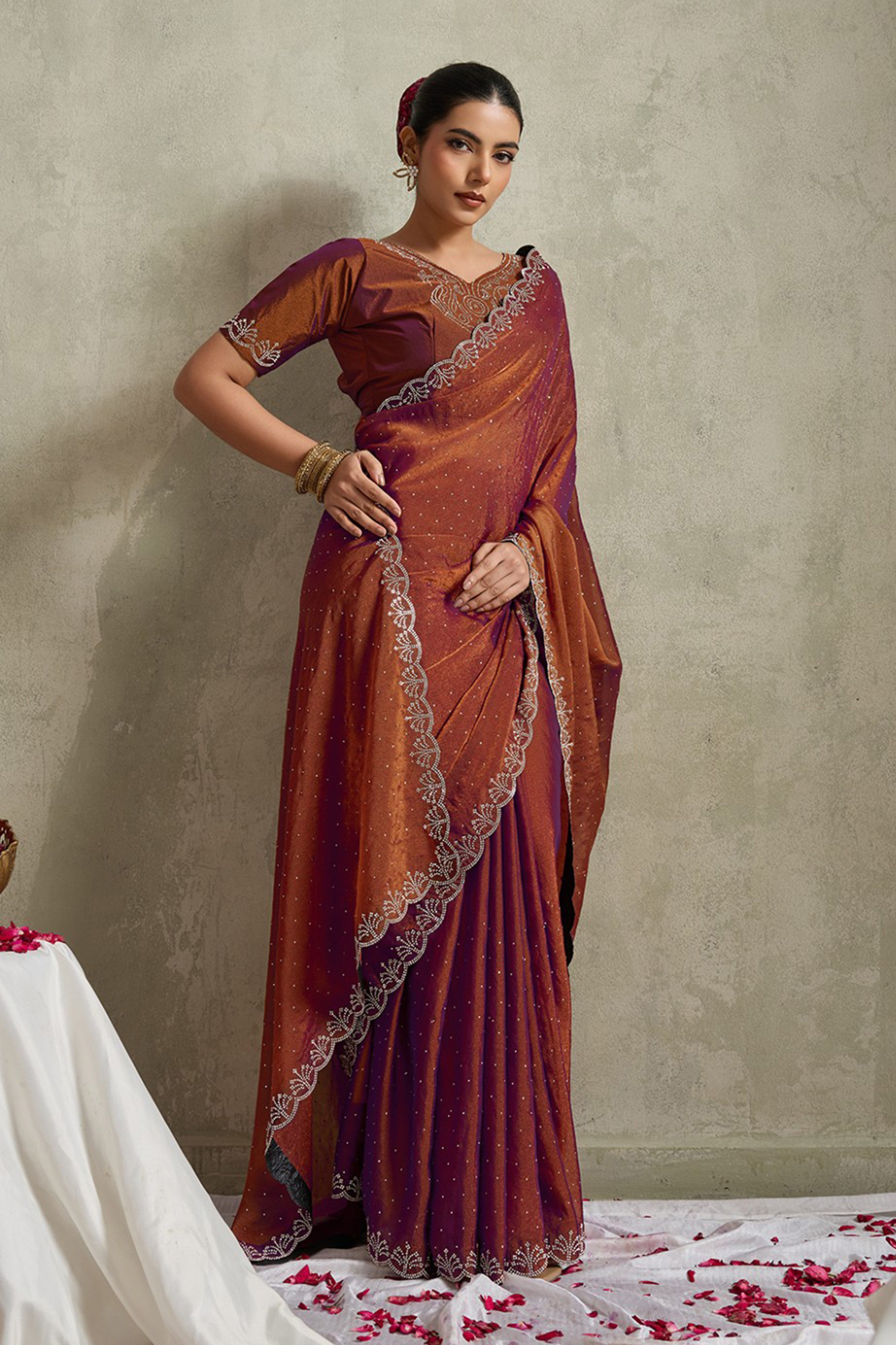 Rust Brown NC Moss Saree with Embroidered Border