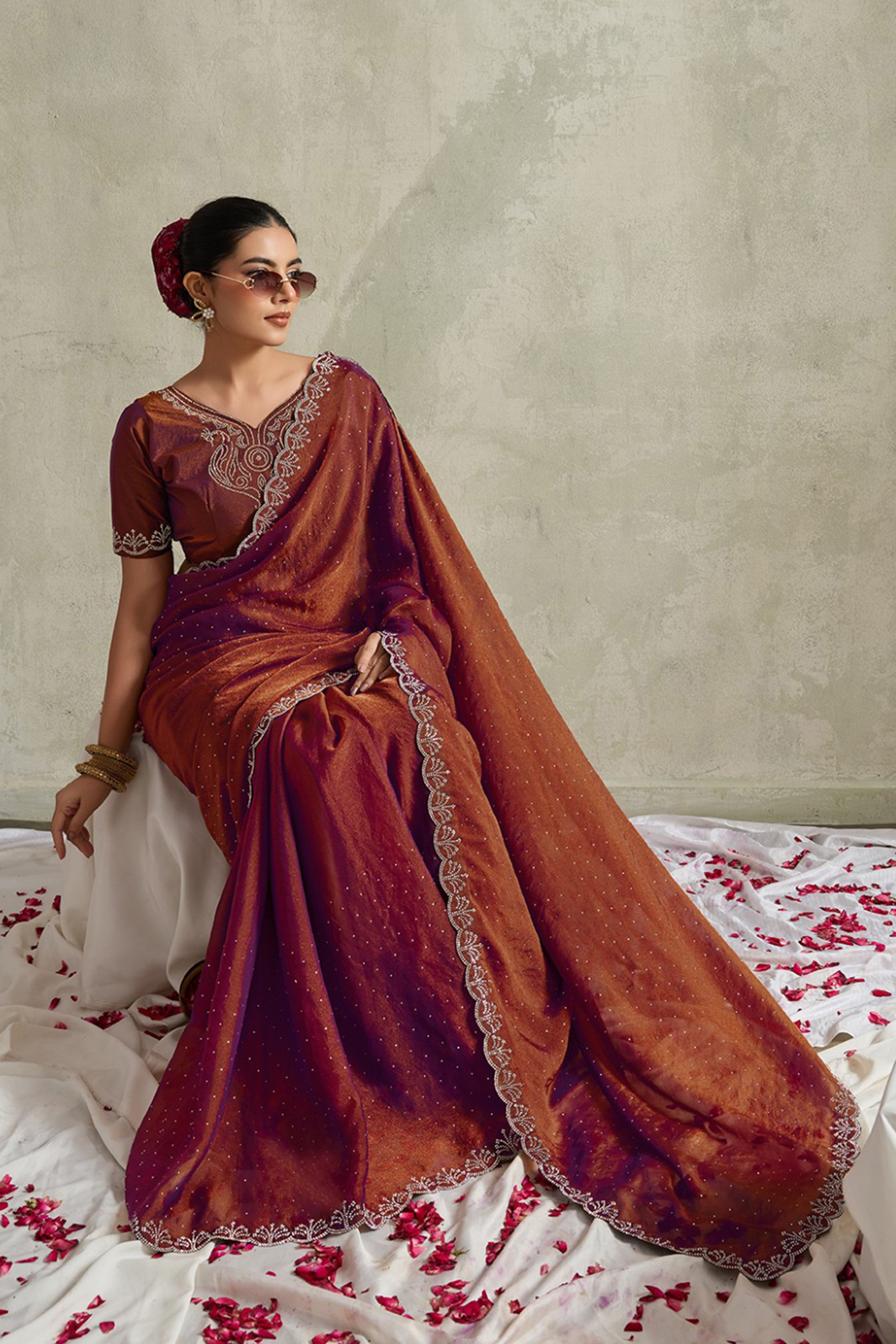 Rust Brown NC Moss Saree with Embroidered Border