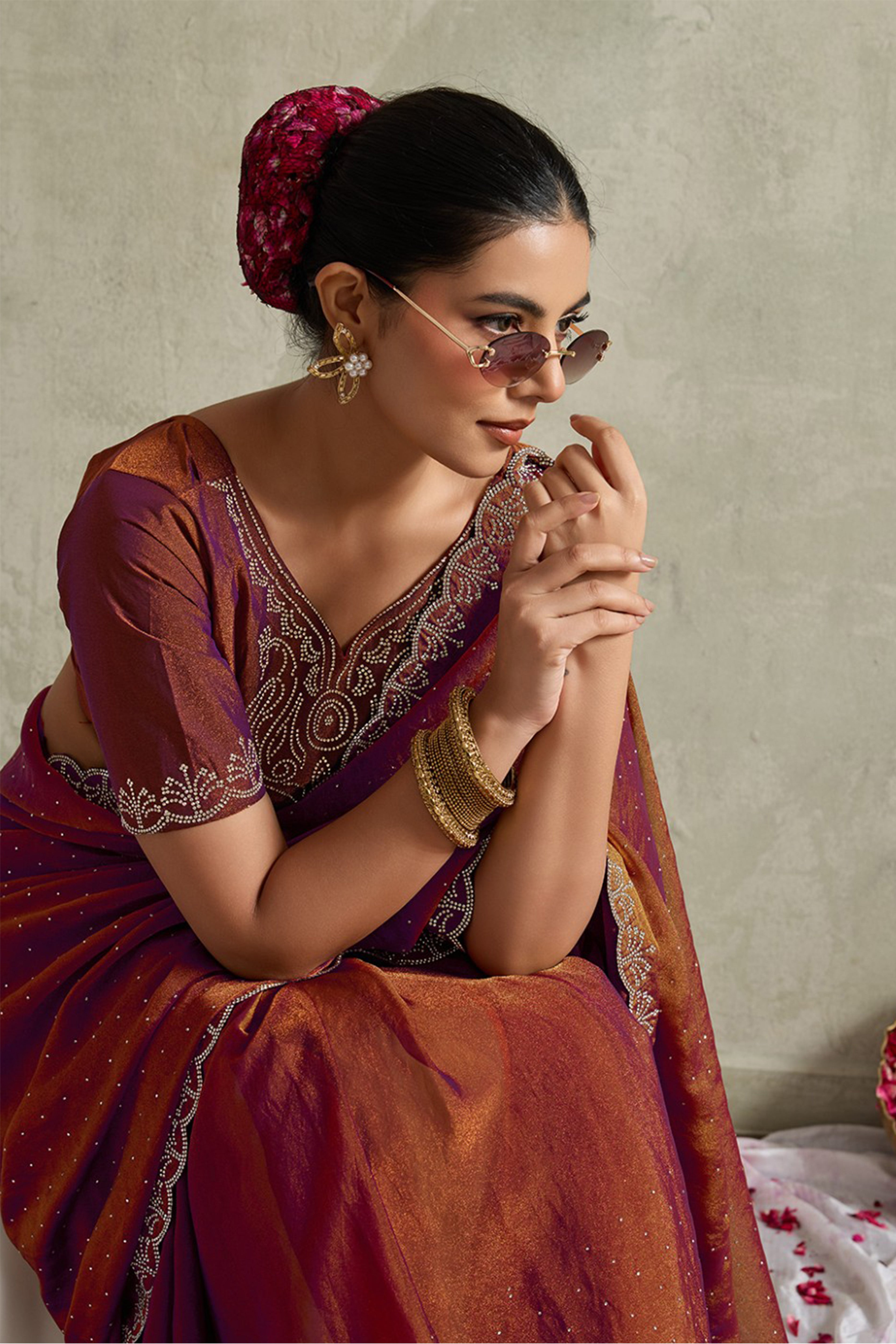 Rust Brown NC Moss Saree with Embroidered Border