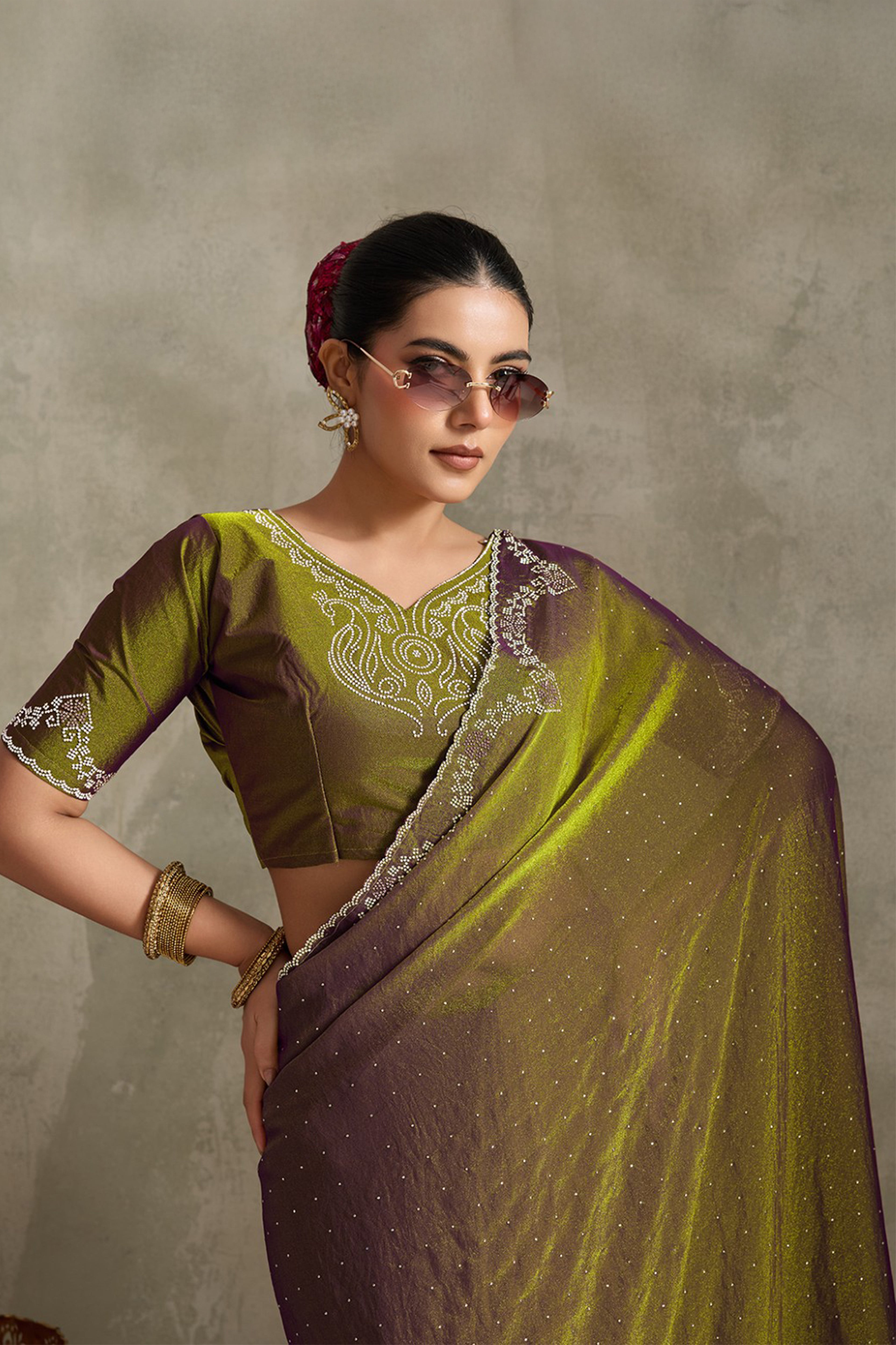 Green-Purple NC Moss Saree with Embroidered Border