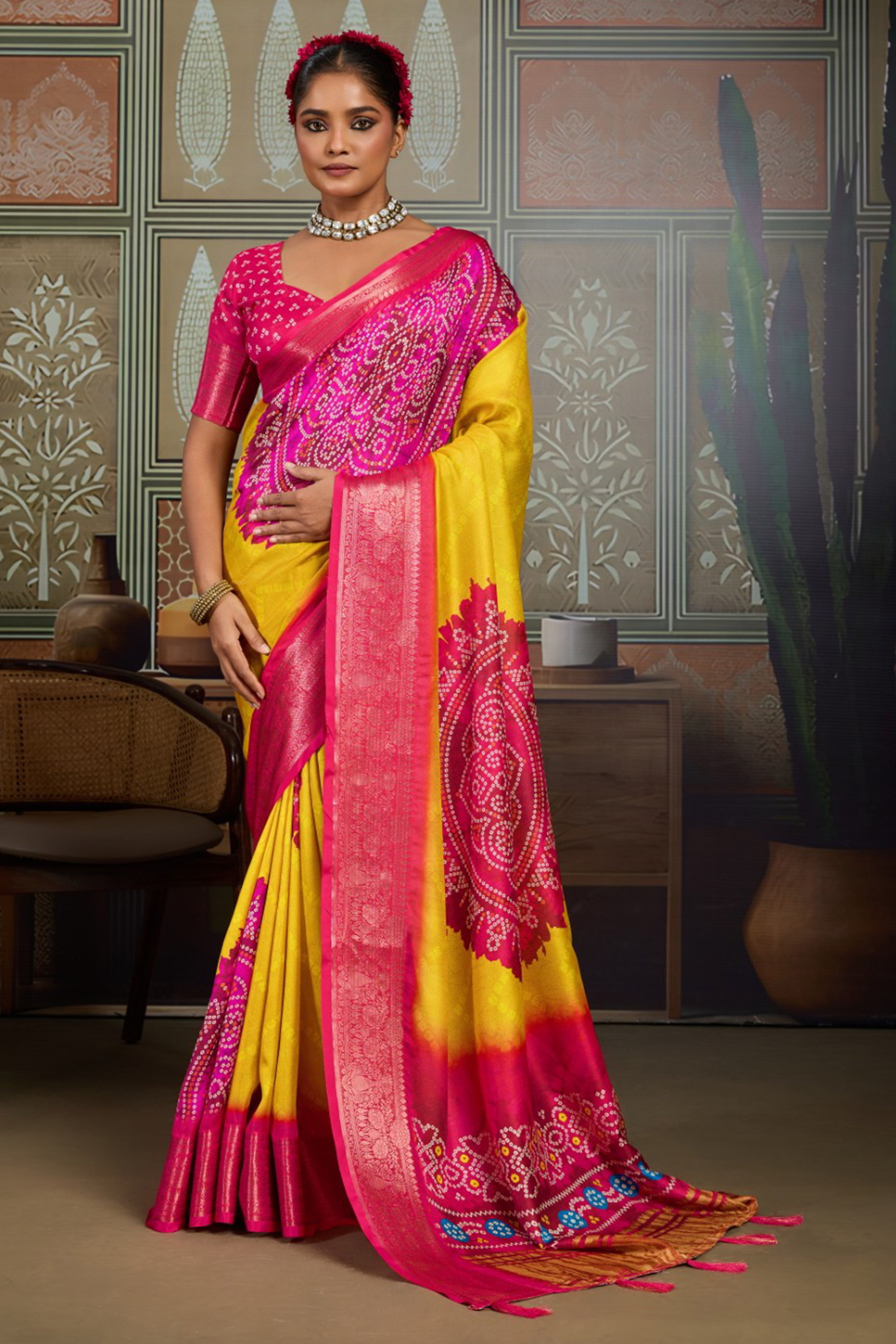 Yellow & Pink Bandhani Jacquard Saree with Zari Border