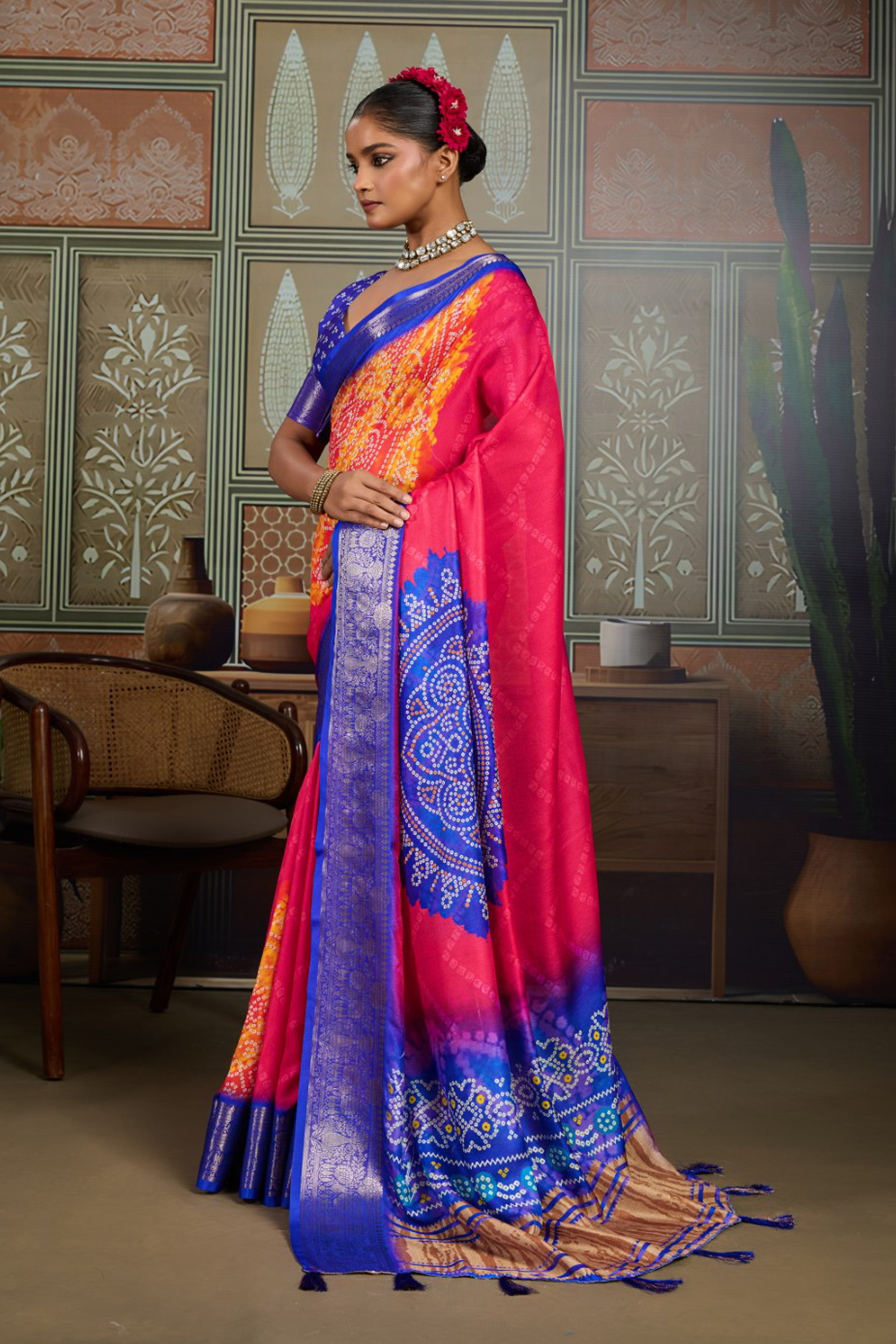 Royal Blue & Pink Bandhani Jacquard Saree with Zari Border