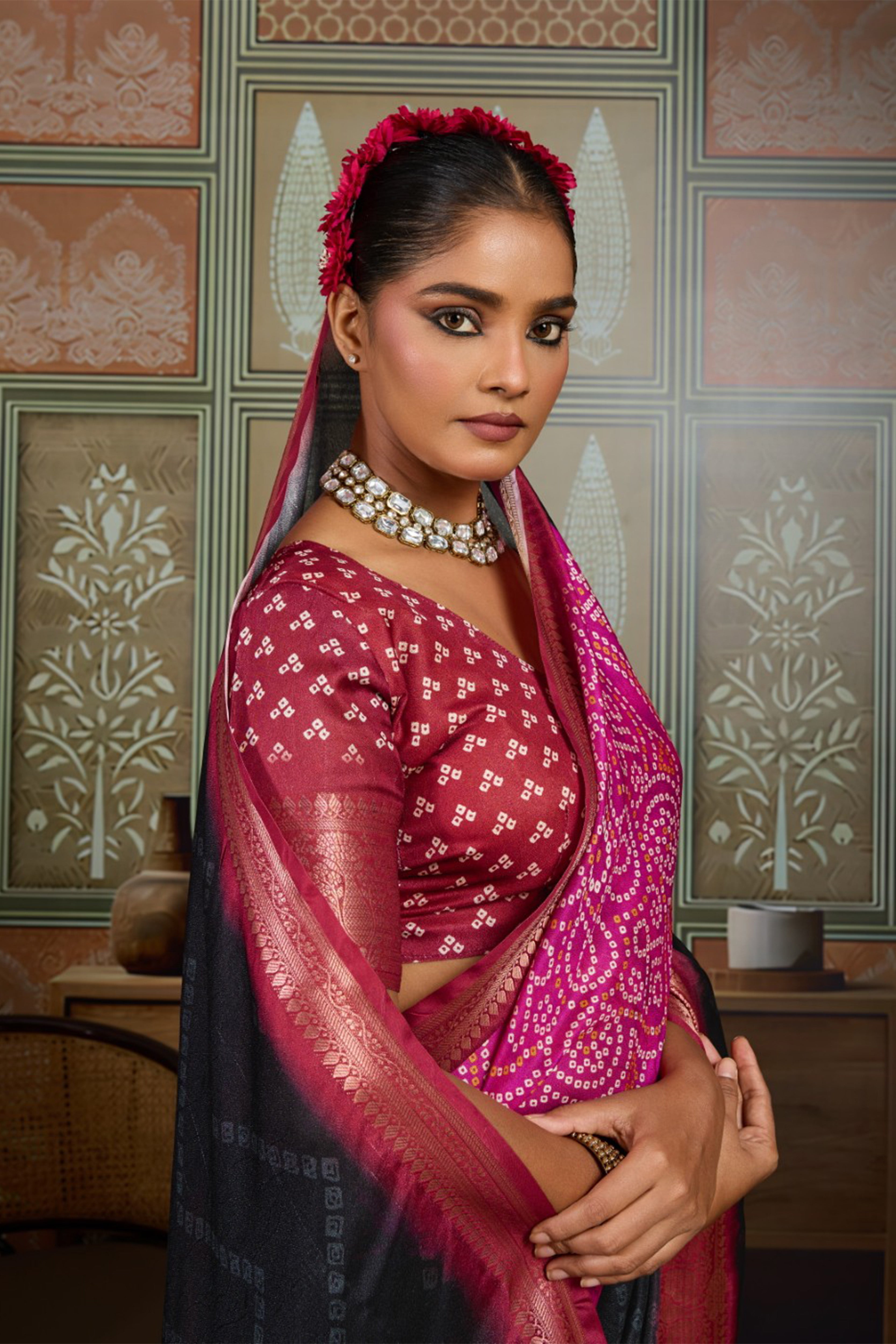 Black Bandhani Jacquard Saree with Magenta Motifs and Zari Border
