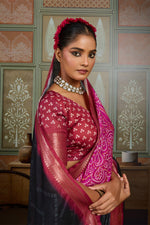 Black Bandhani Jacquard Saree with Magenta Motifs and Zari Border sedoracouture
