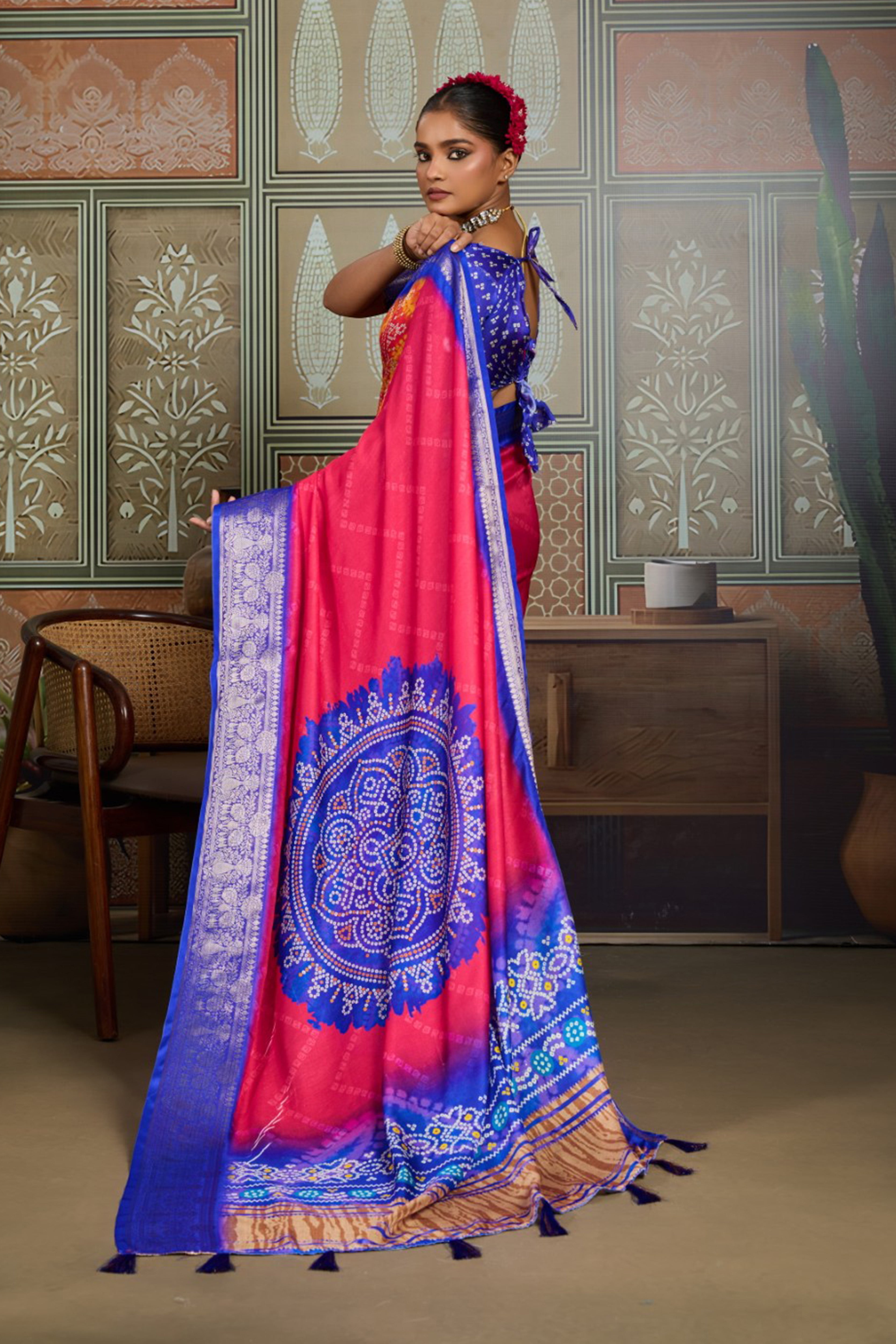 Royal Blue & Pink Bandhani Jacquard Saree with Zari Border