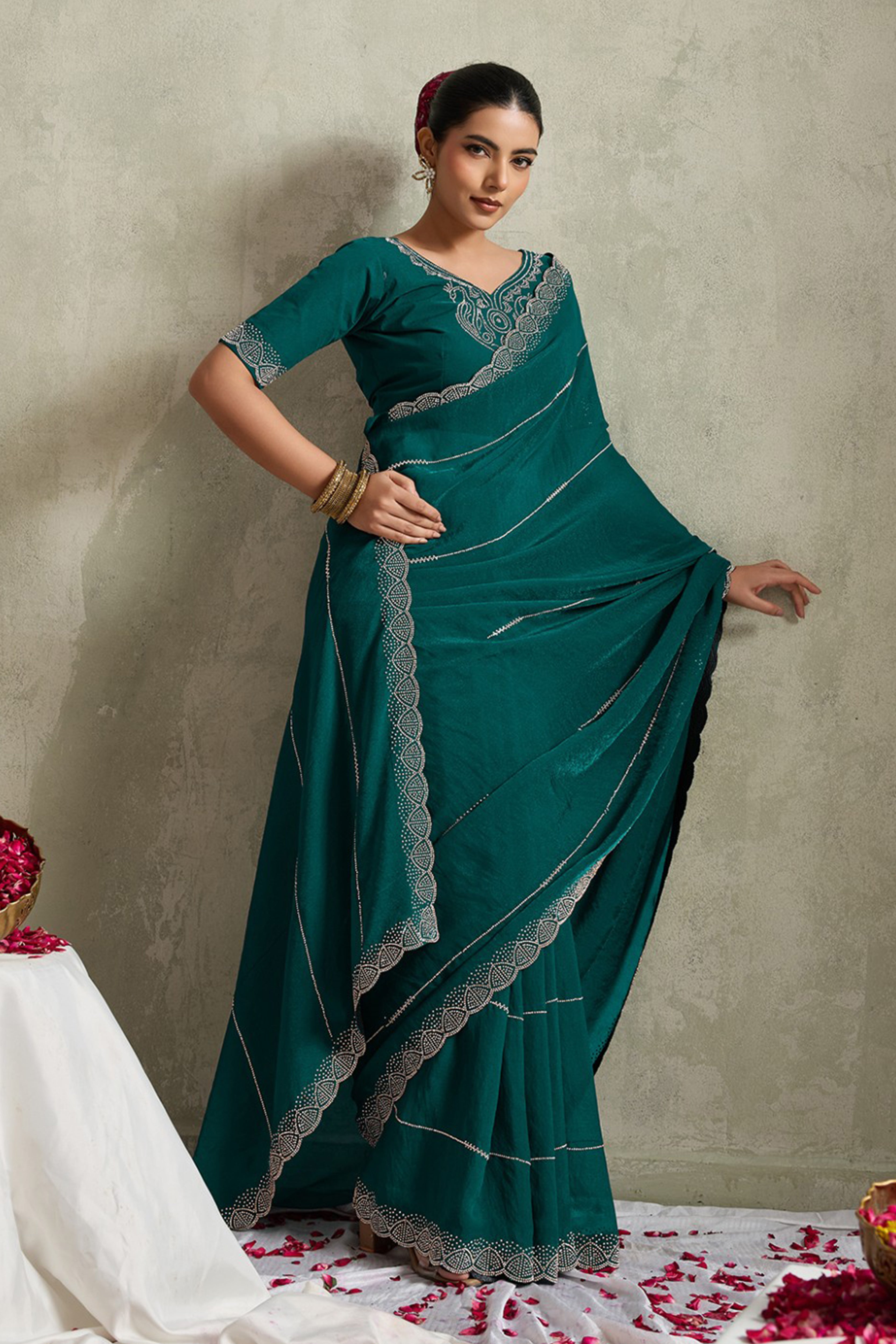 Teal Green NC Moss Saree with Embroidered Border