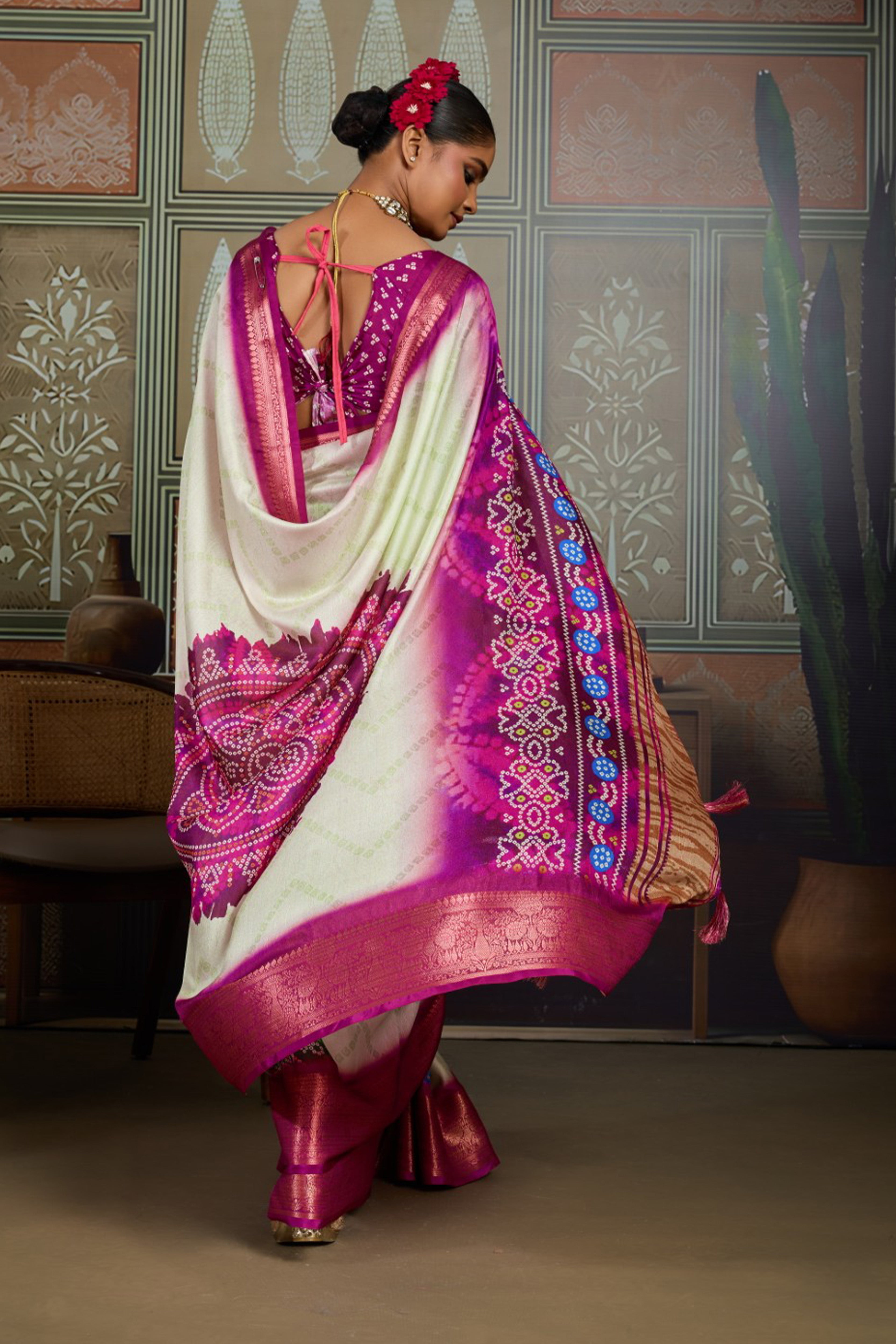 Cream White & Blue Bandhani Jacquard Saree with Pink Zari Border
