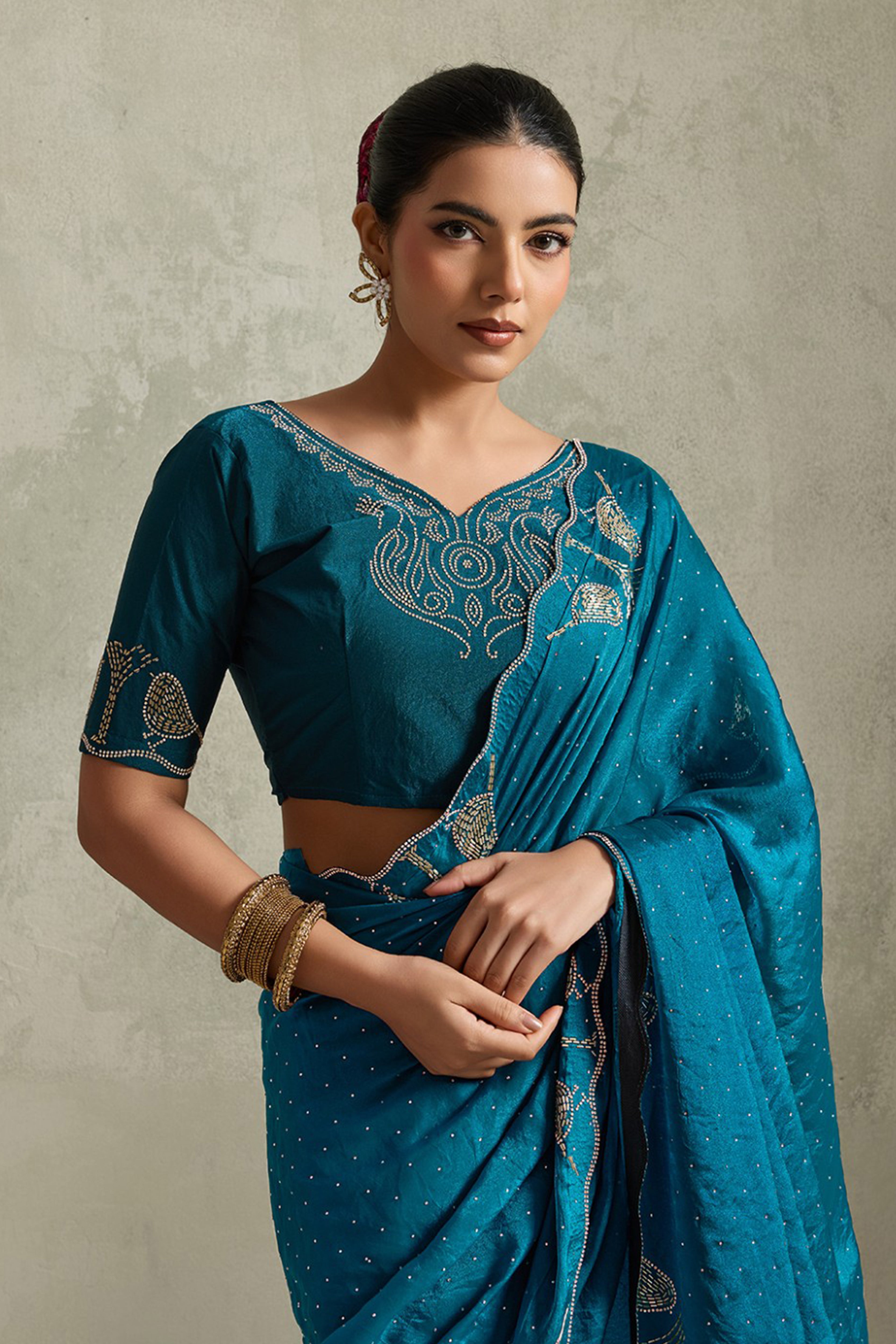 Teal Blue NC Moss Saree with Embroidered Border