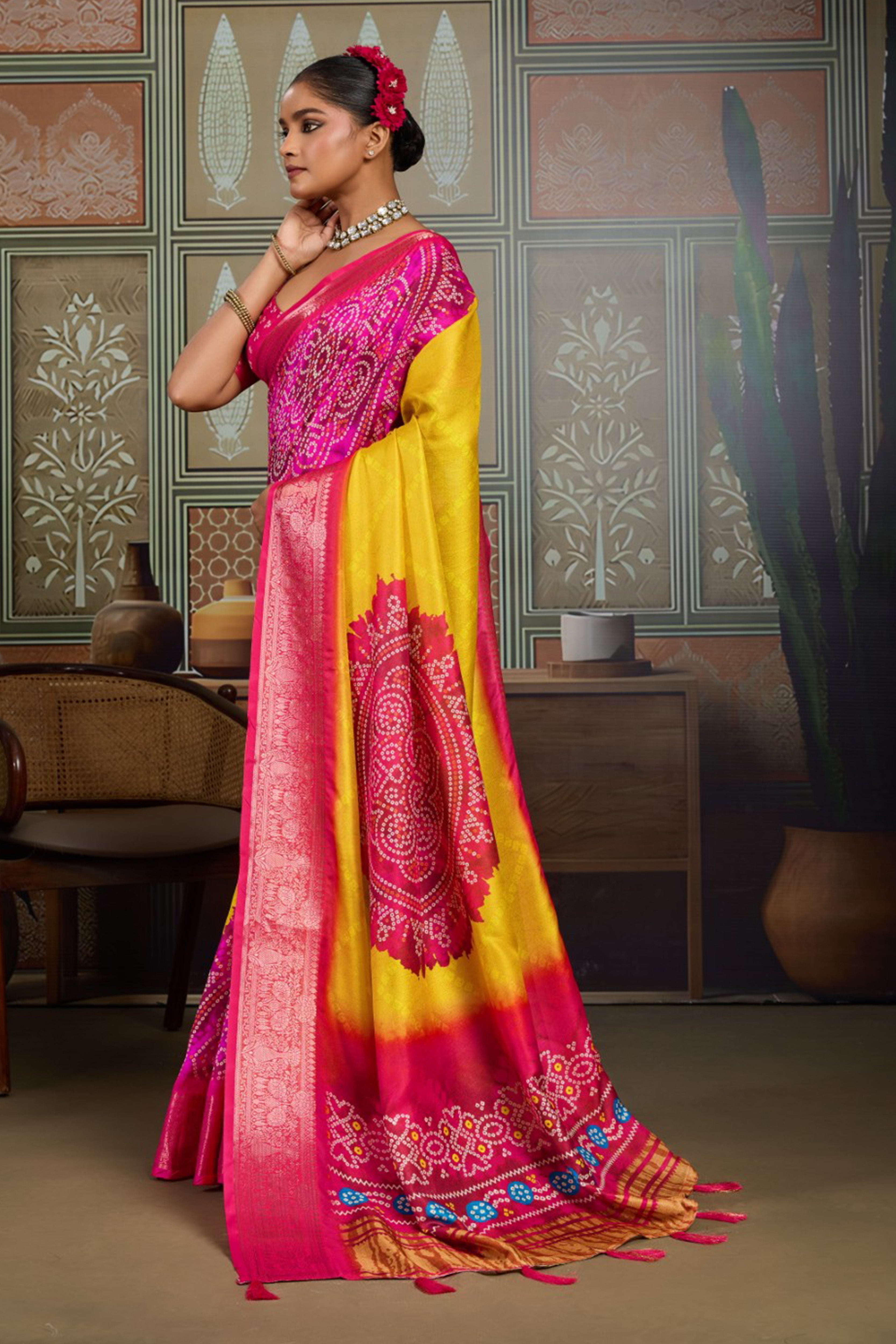 Yellow & Pink Bandhani Jacquard Saree with Zari Border