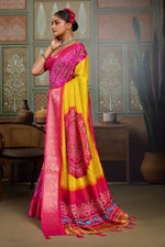 Yellow & Pink Bandhani Jacquard Saree with Zari Border sedoracouture