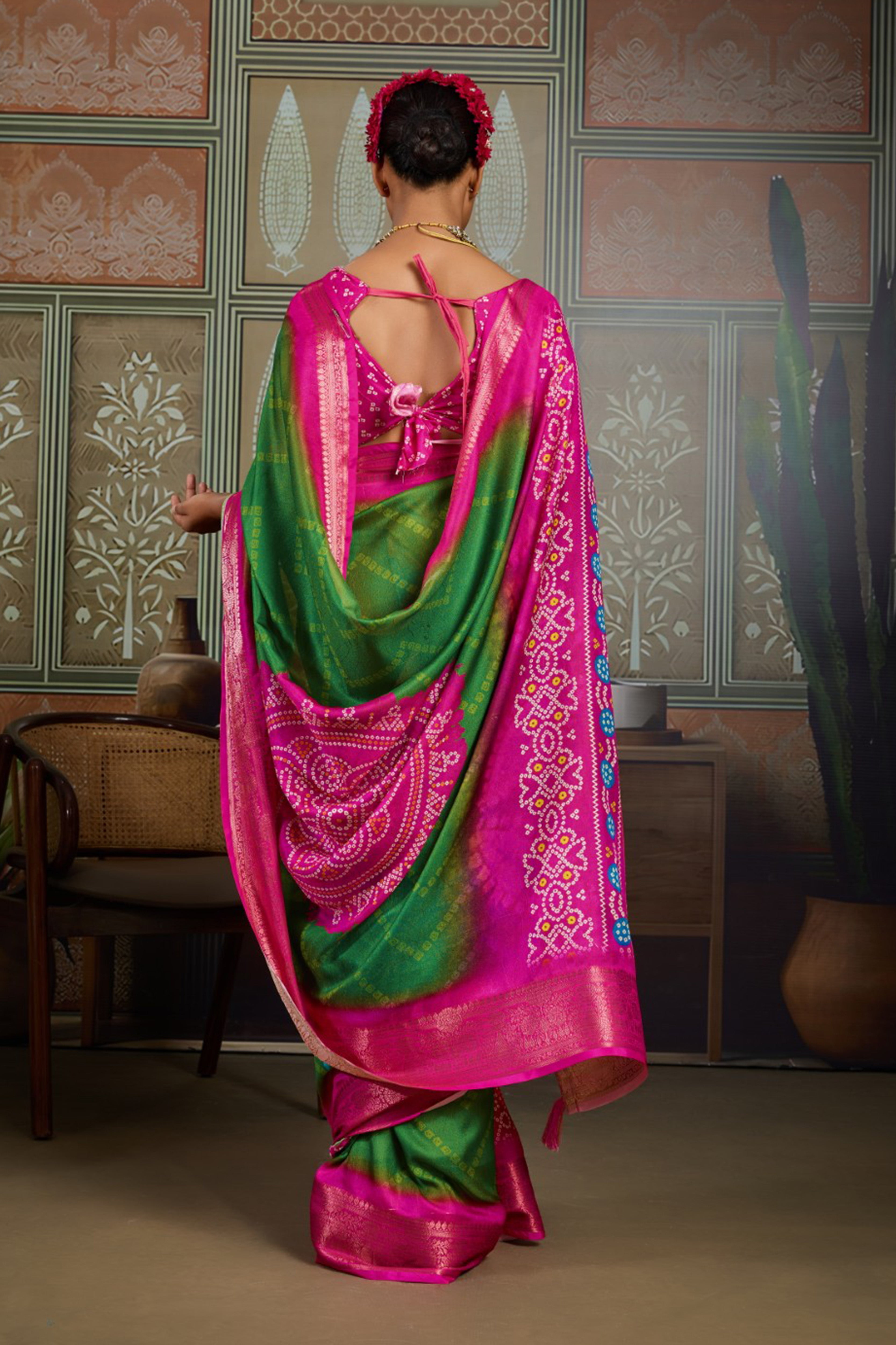 Green & Pink Bandhani Jacquard Saree with Zari Border