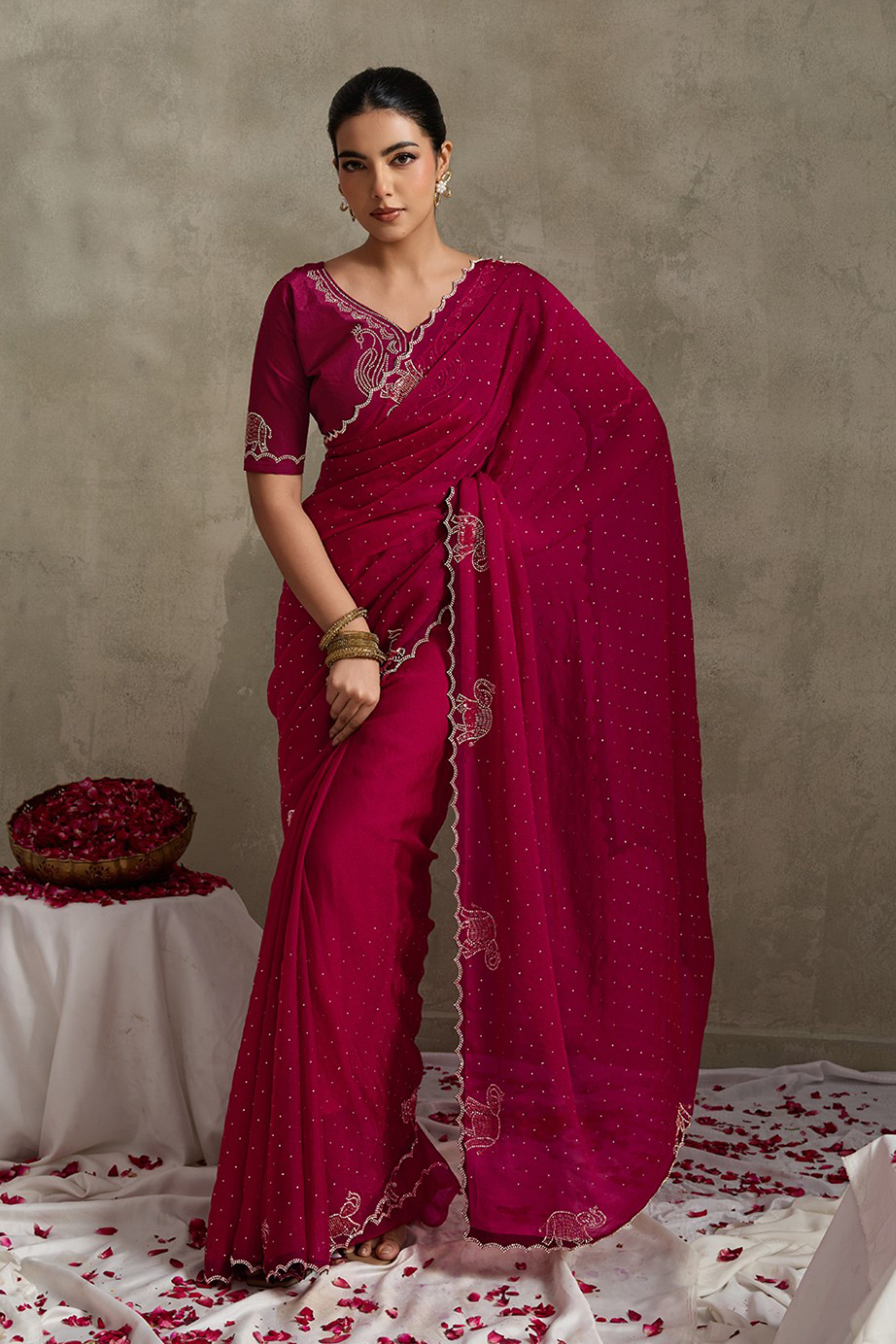 Maroon NC Moss Saree with Jarkhan Embroidery