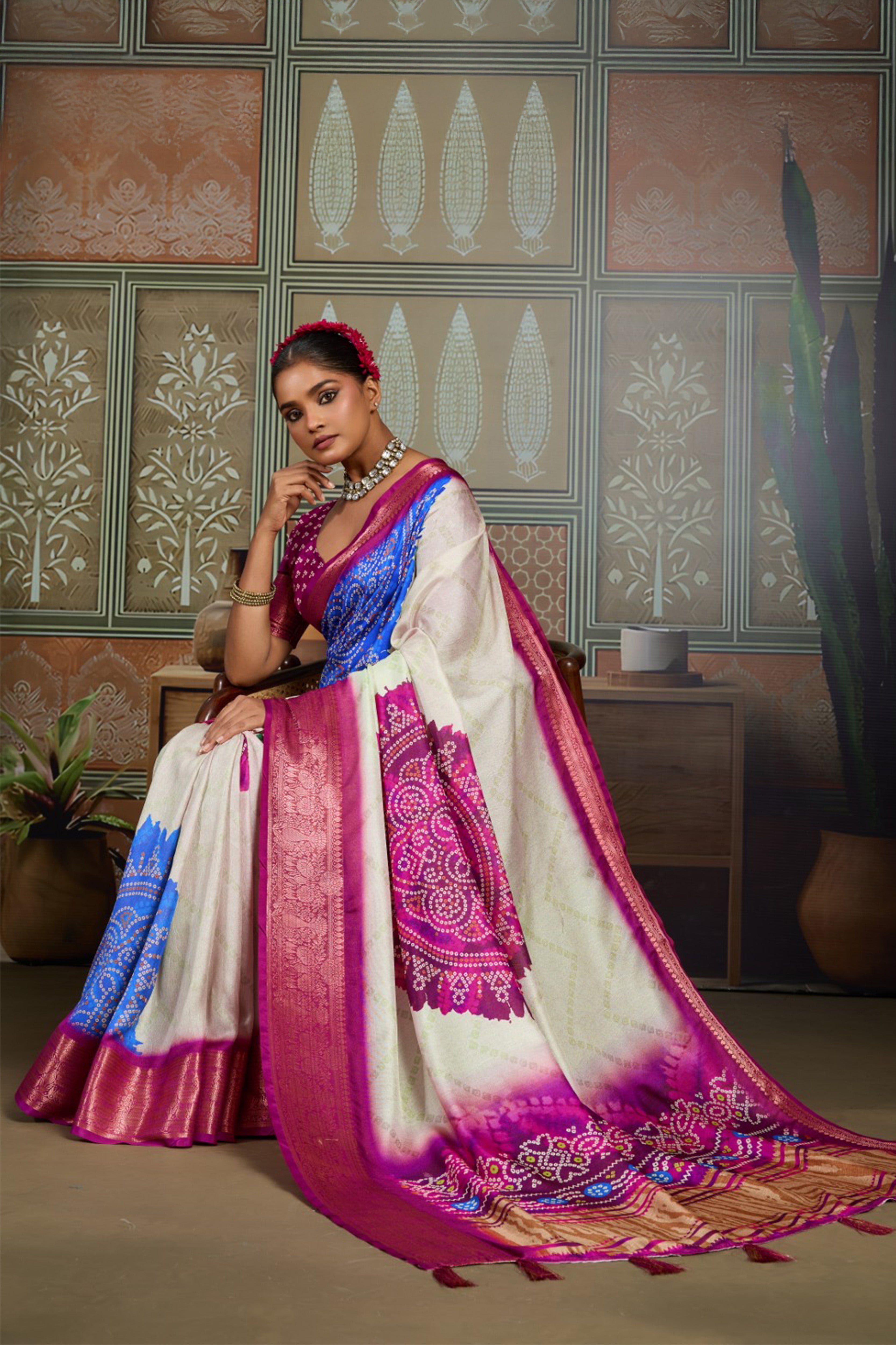 Cream White & Blue Bandhani Jacquard Saree with Pink Zari Border
