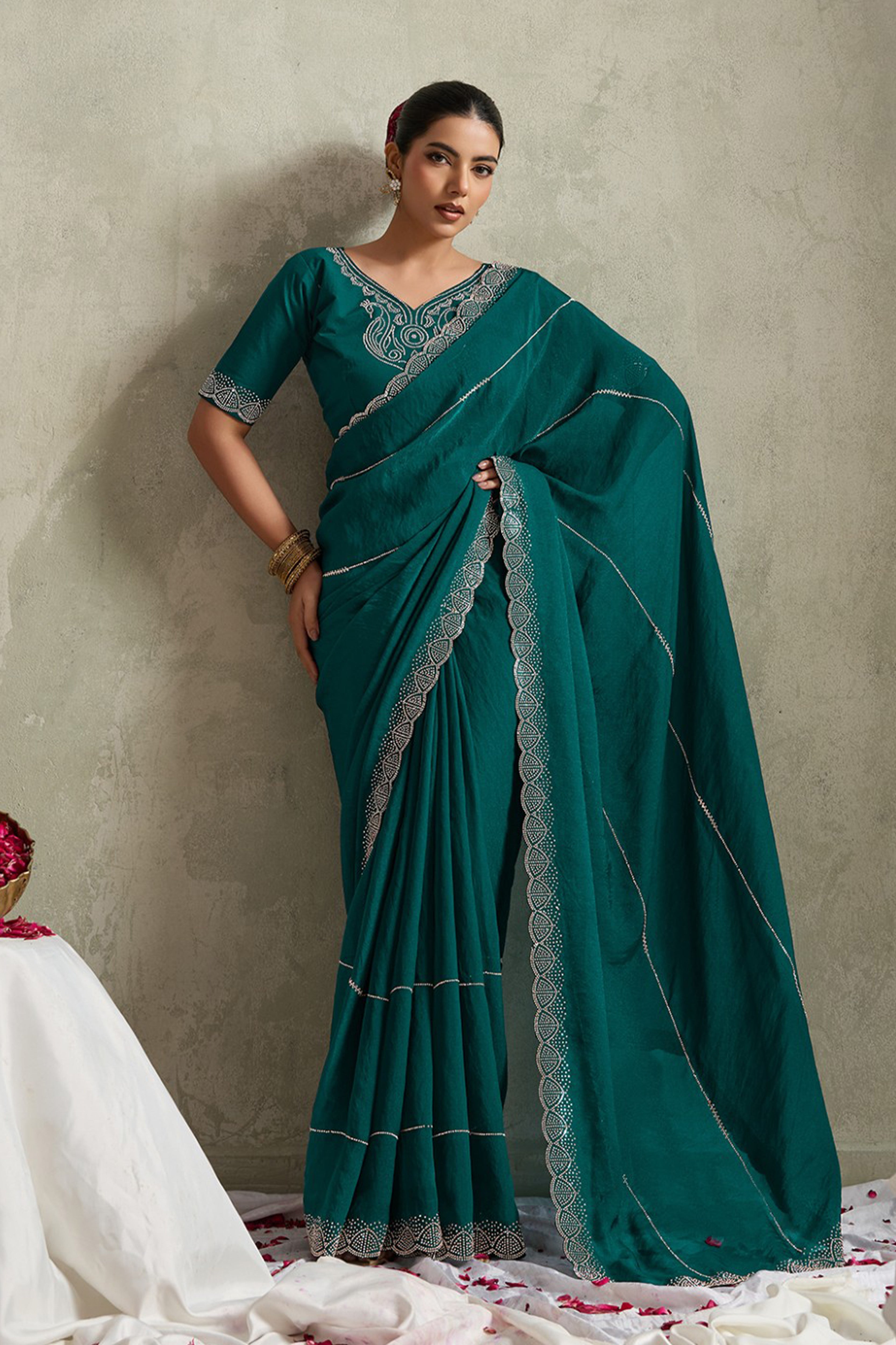 Teal Green NC Moss Saree with Embroidered Border sedoracouture