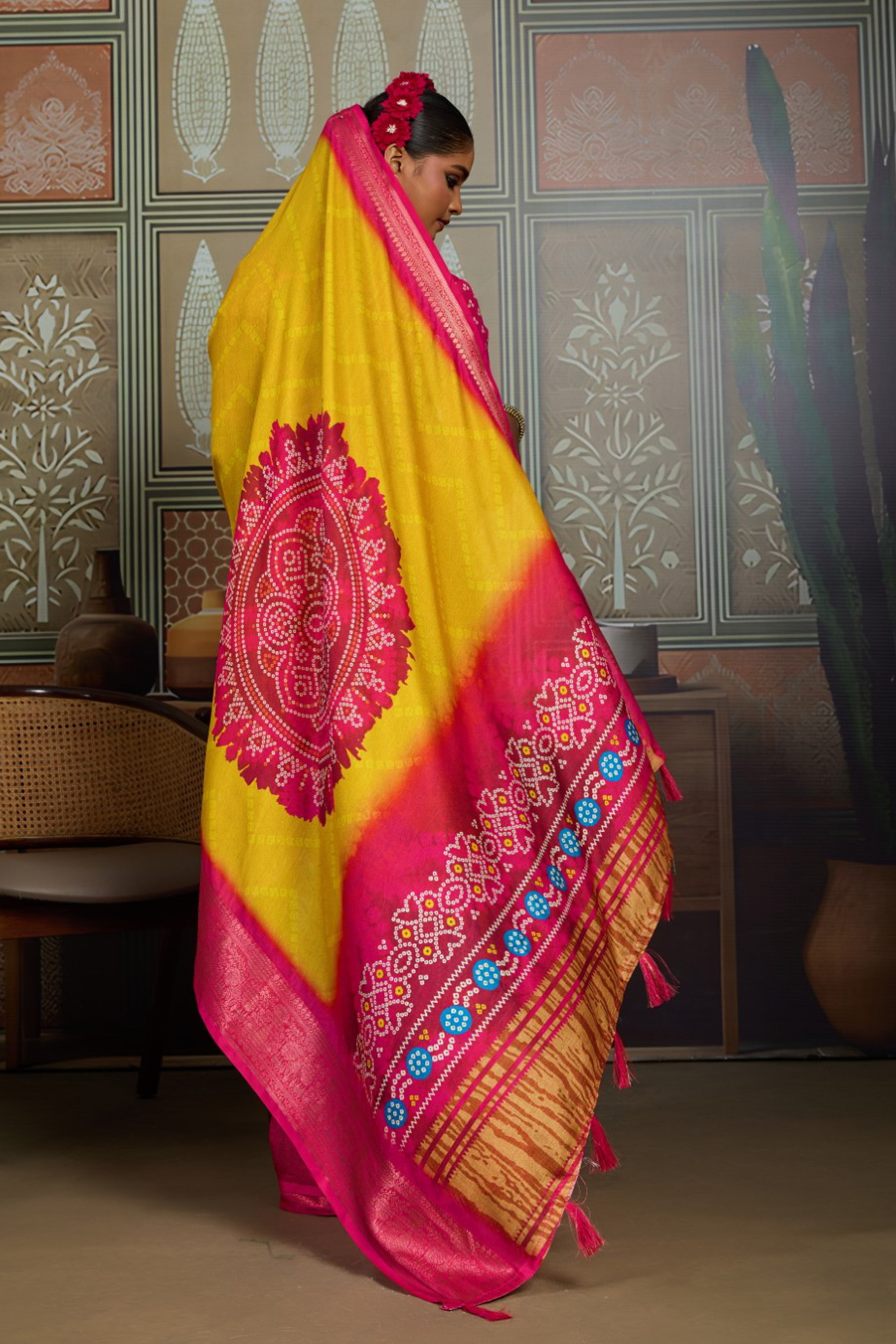 Yellow & Pink Bandhani Jacquard Saree with Zari Border