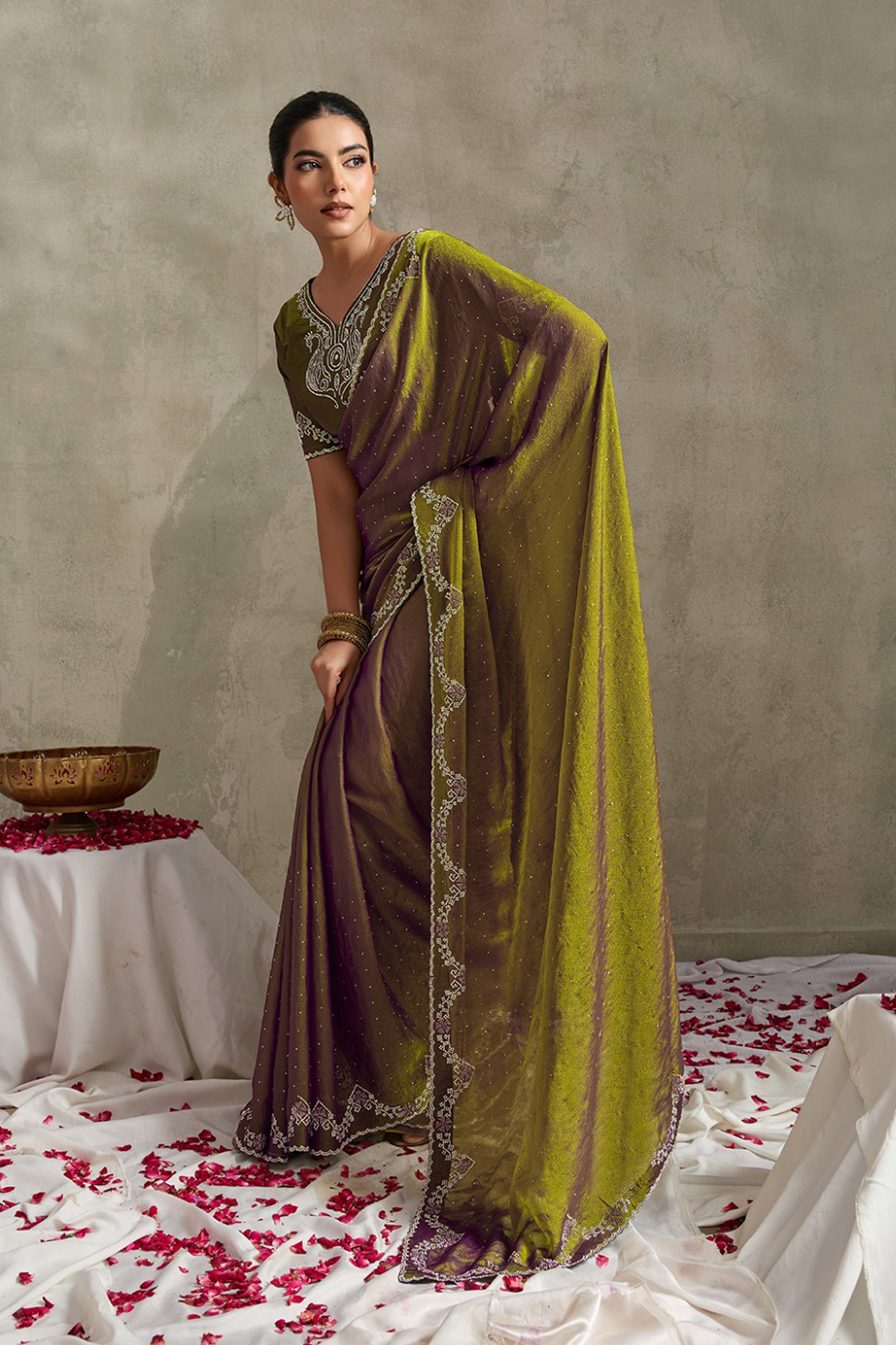 Green-Purple NC Moss Saree with Embroidered Border