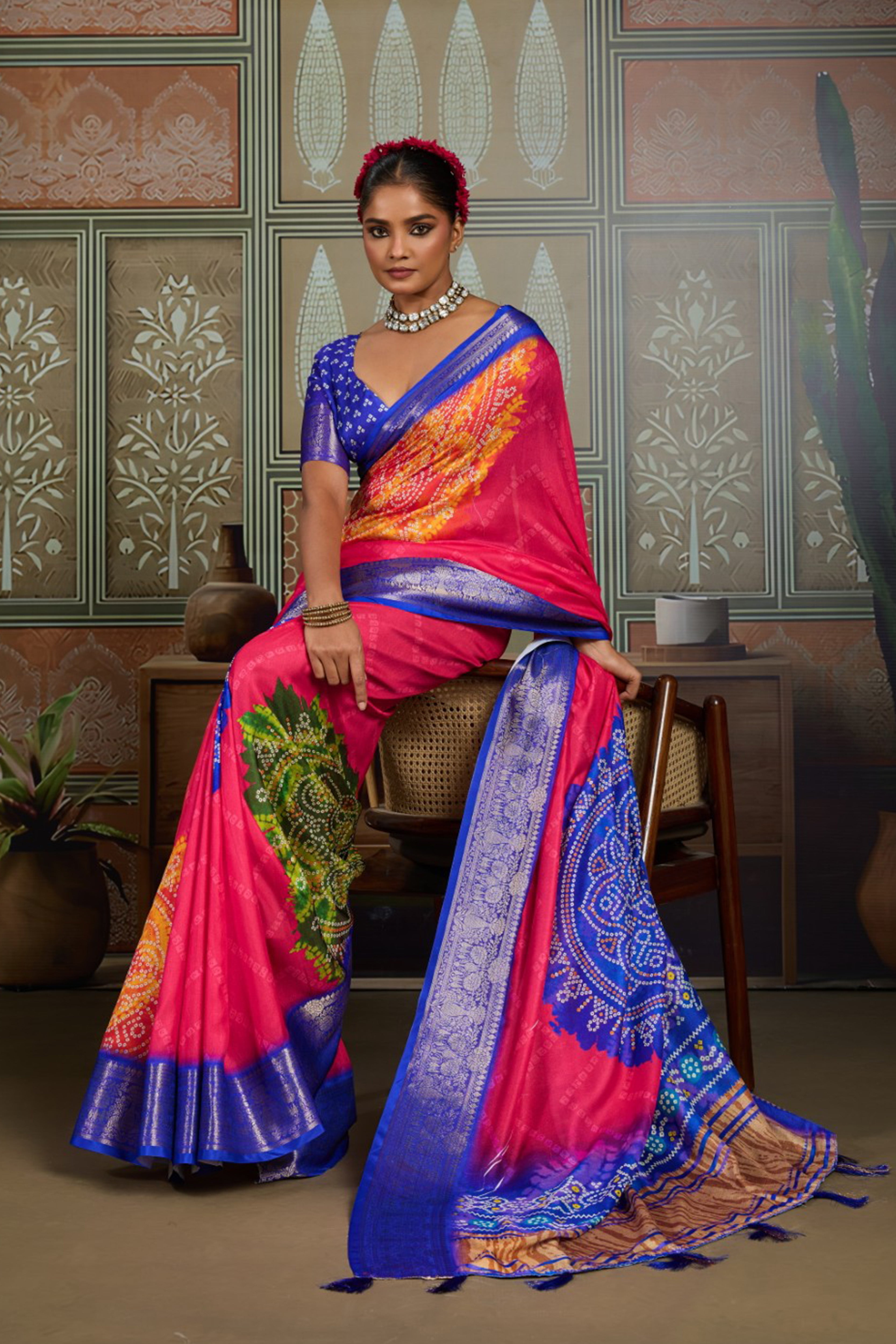 Royal Blue & Pink Bandhani Jacquard Saree with Zari Border
