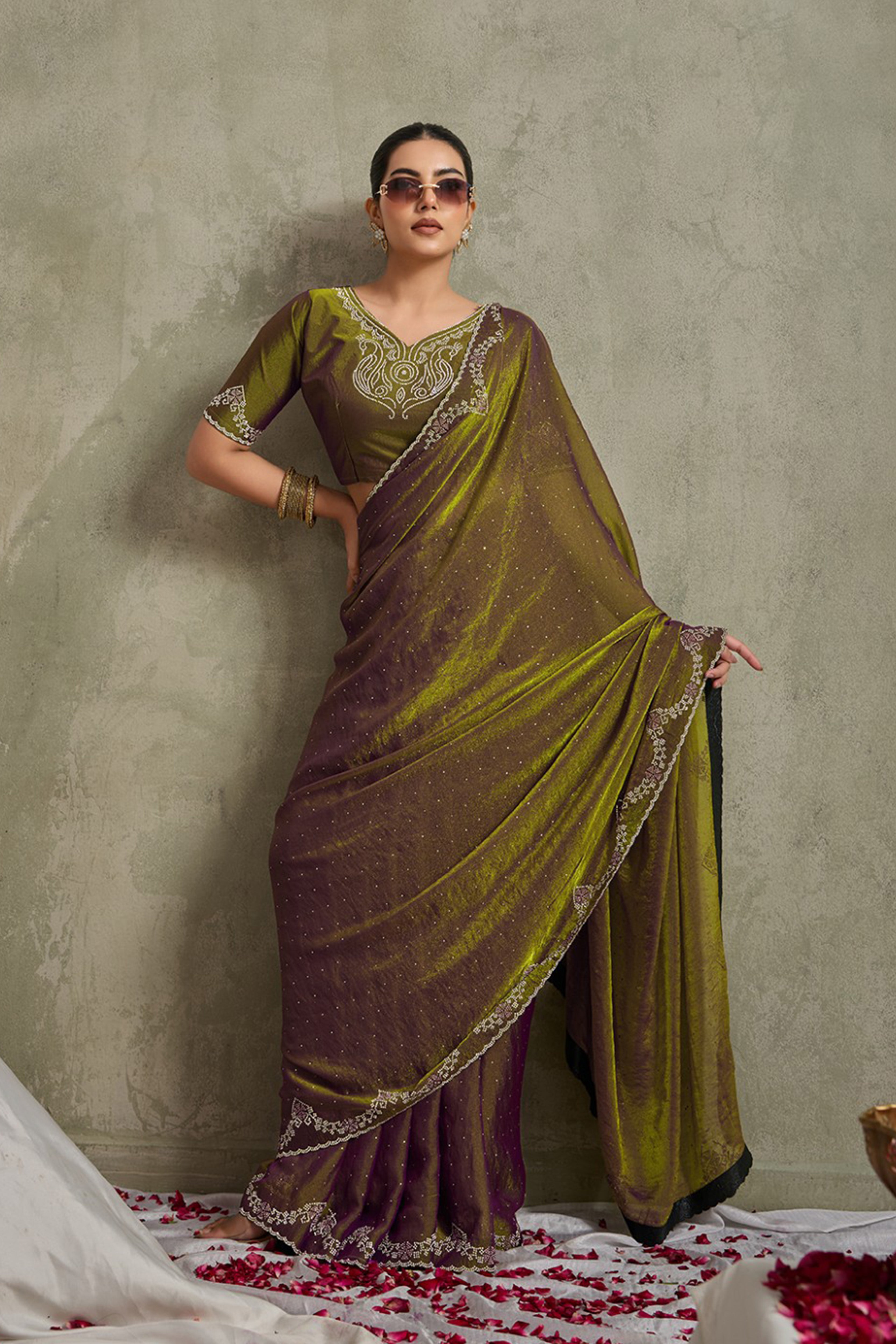Green-Purple NC Moss Saree with Embroidered Border