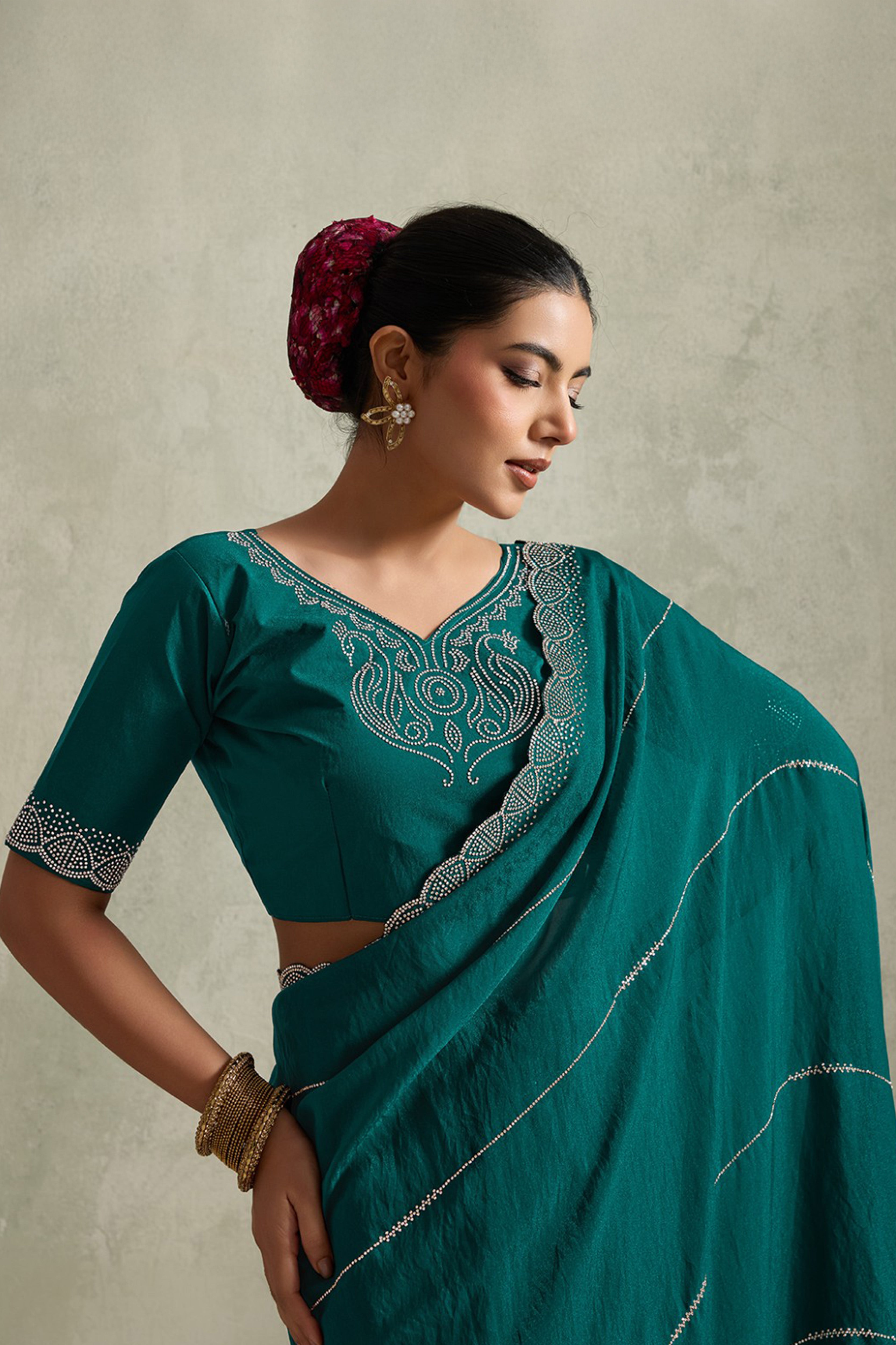 Teal Green NC Moss Saree with Embroidered Border