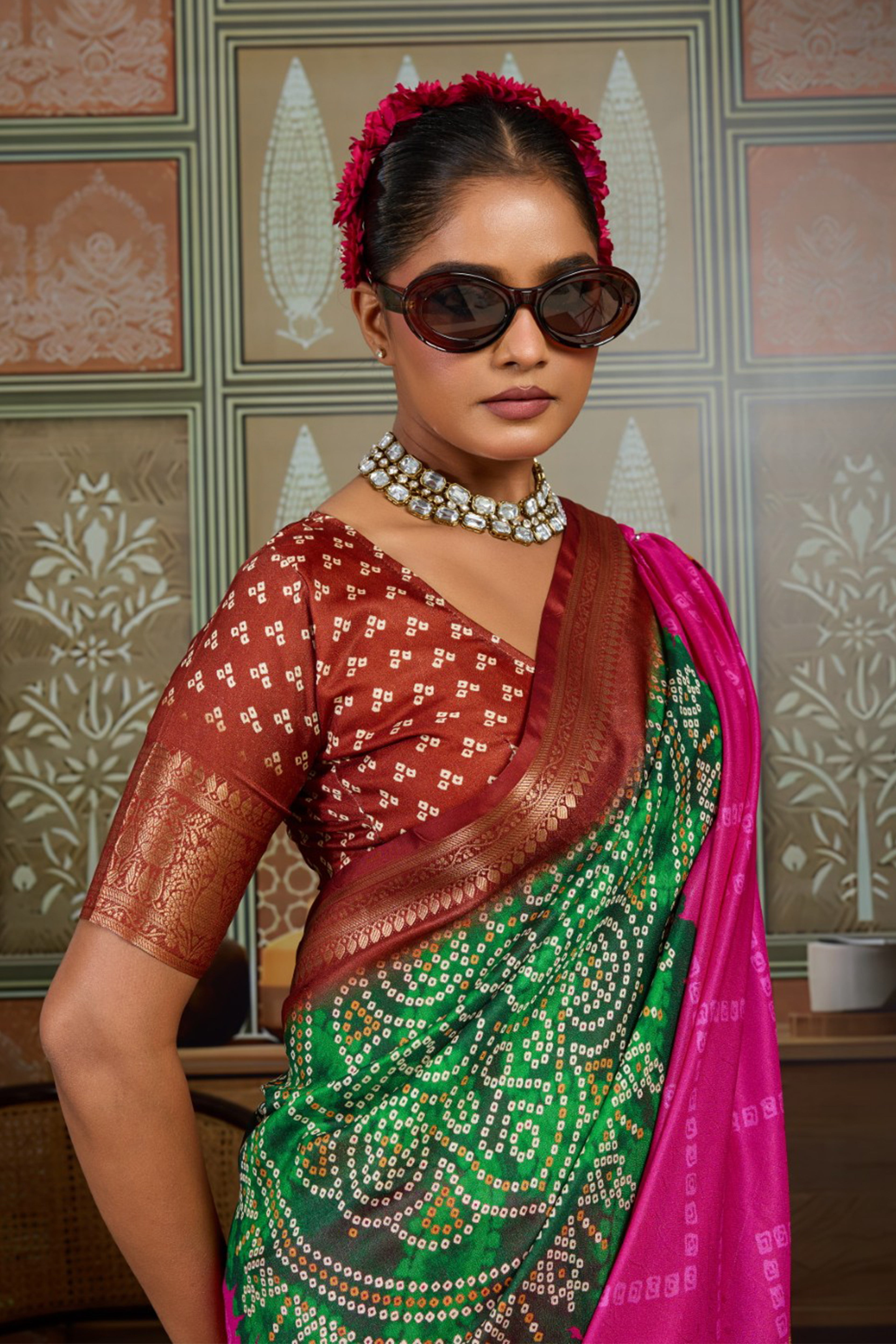 Pink & Green Bandhani Jacquard Saree with Copper Zari Border