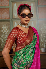 Pink & Green Bandhani Jacquard Saree with Copper Zari Border sedoracouture