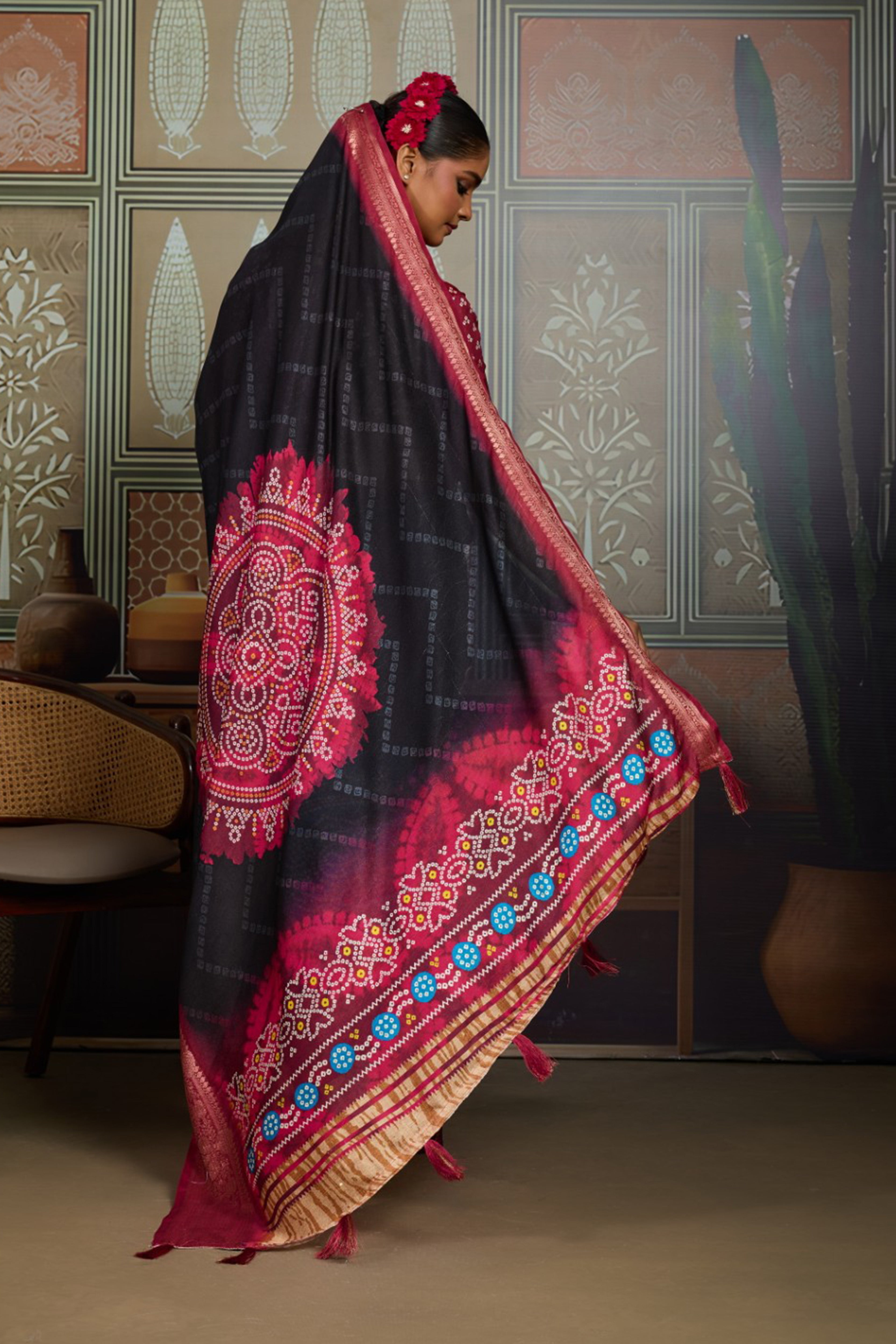 Black Bandhani Jacquard Saree with Magenta Motifs and Zari Border