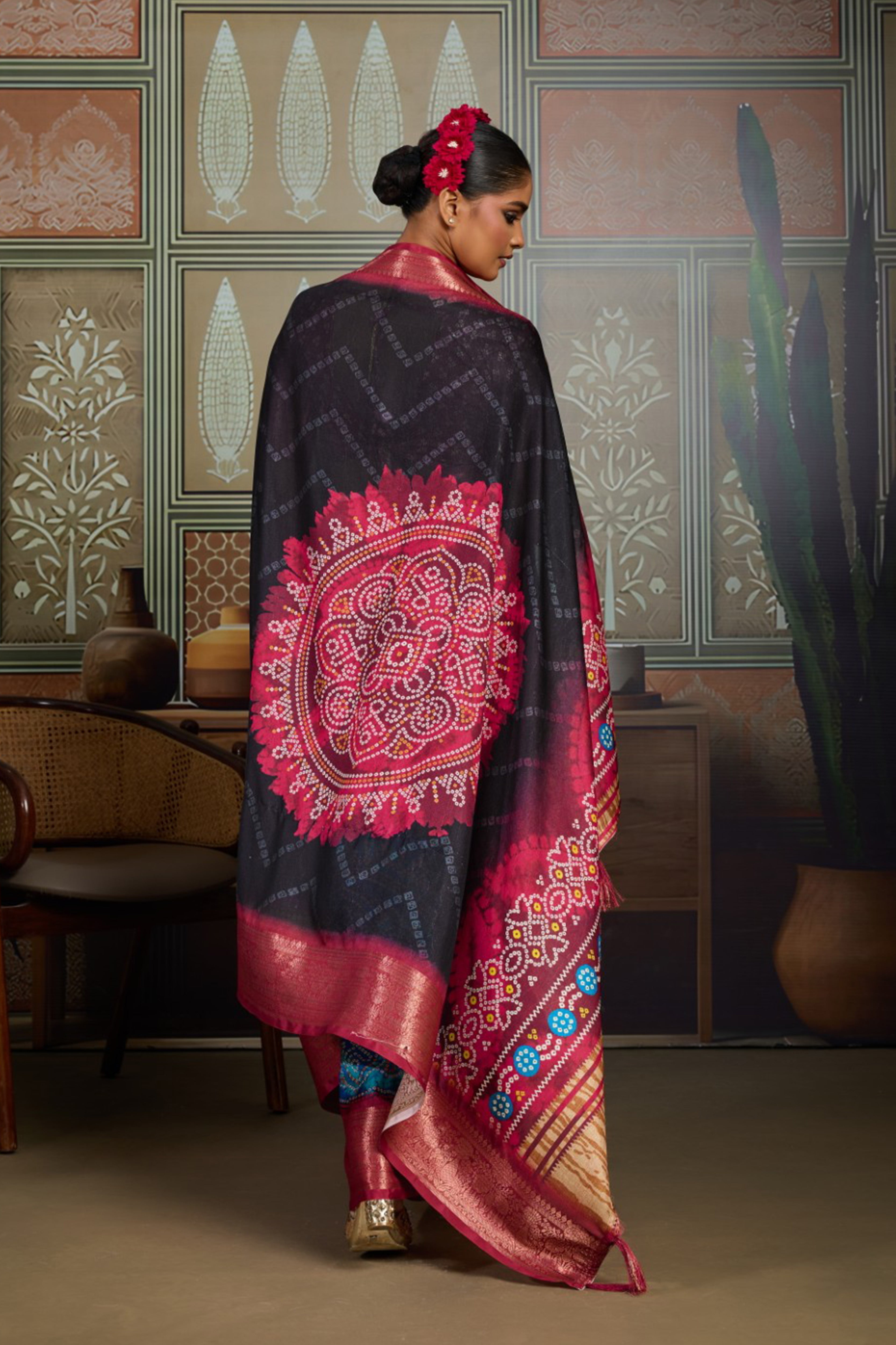 Black Bandhani Jacquard Saree with Magenta Motifs and Zari Border