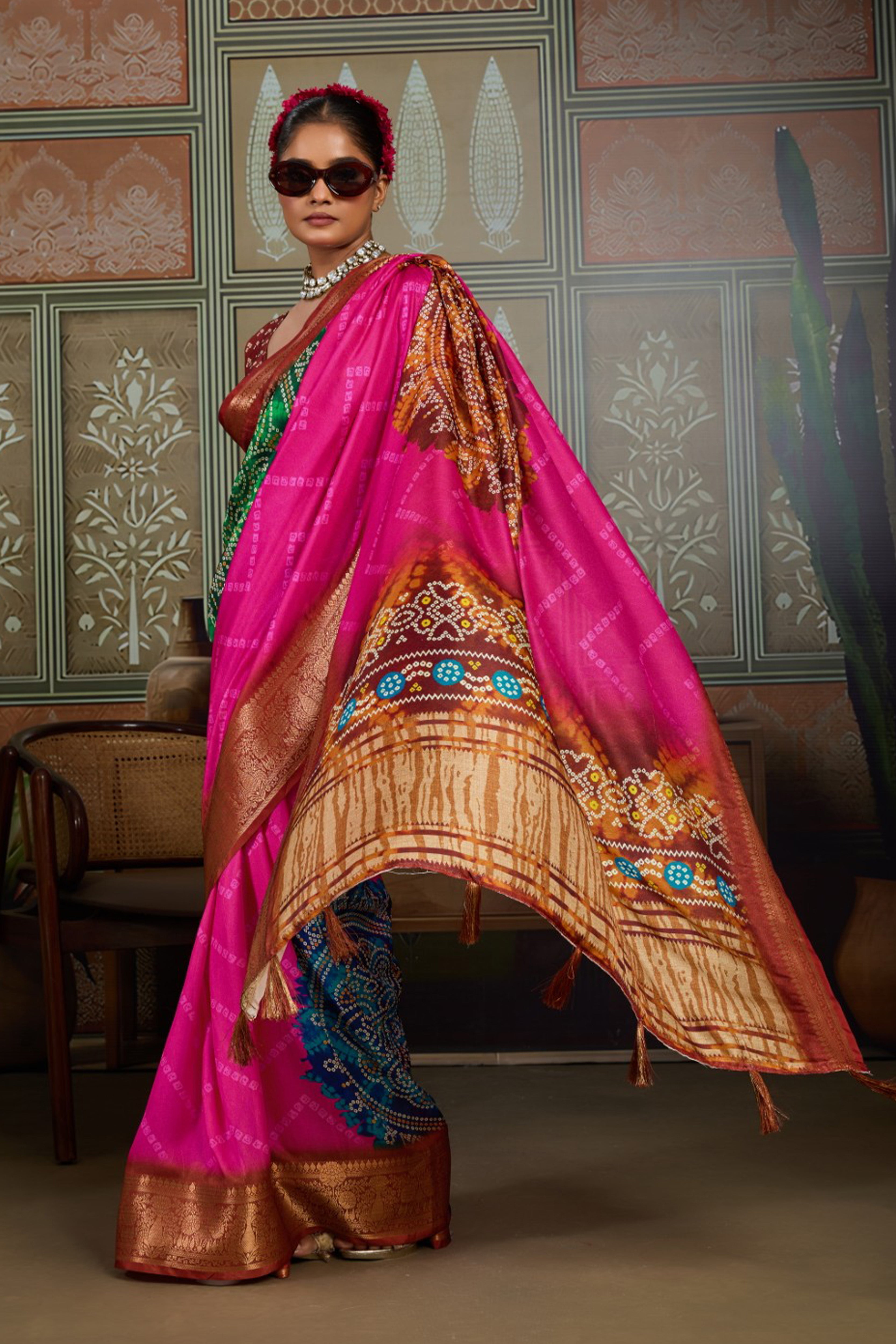 Pink & Green Bandhani Jacquard Saree with Copper Zari Border