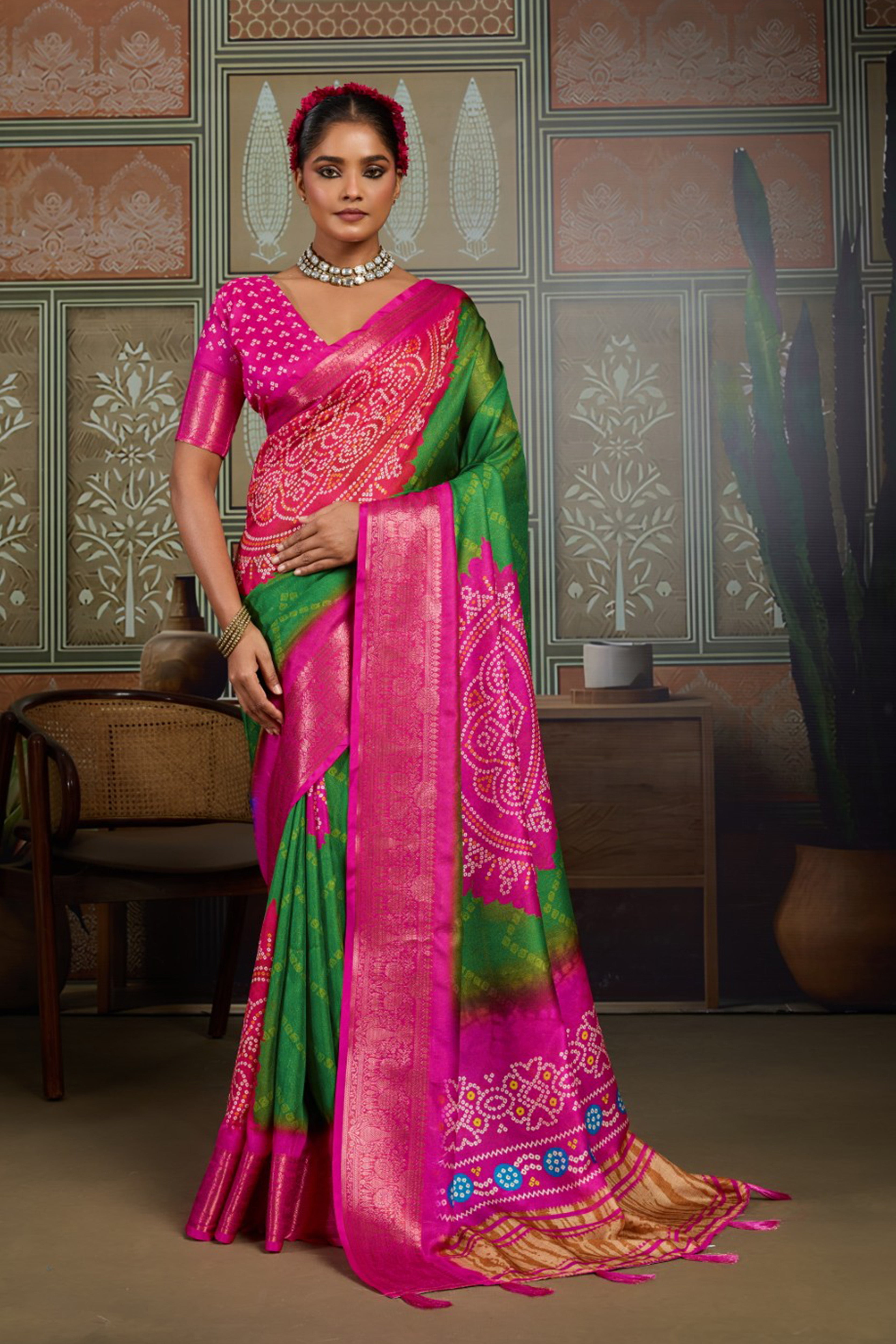 Green & Pink Bandhani Jacquard Saree with Zari Border