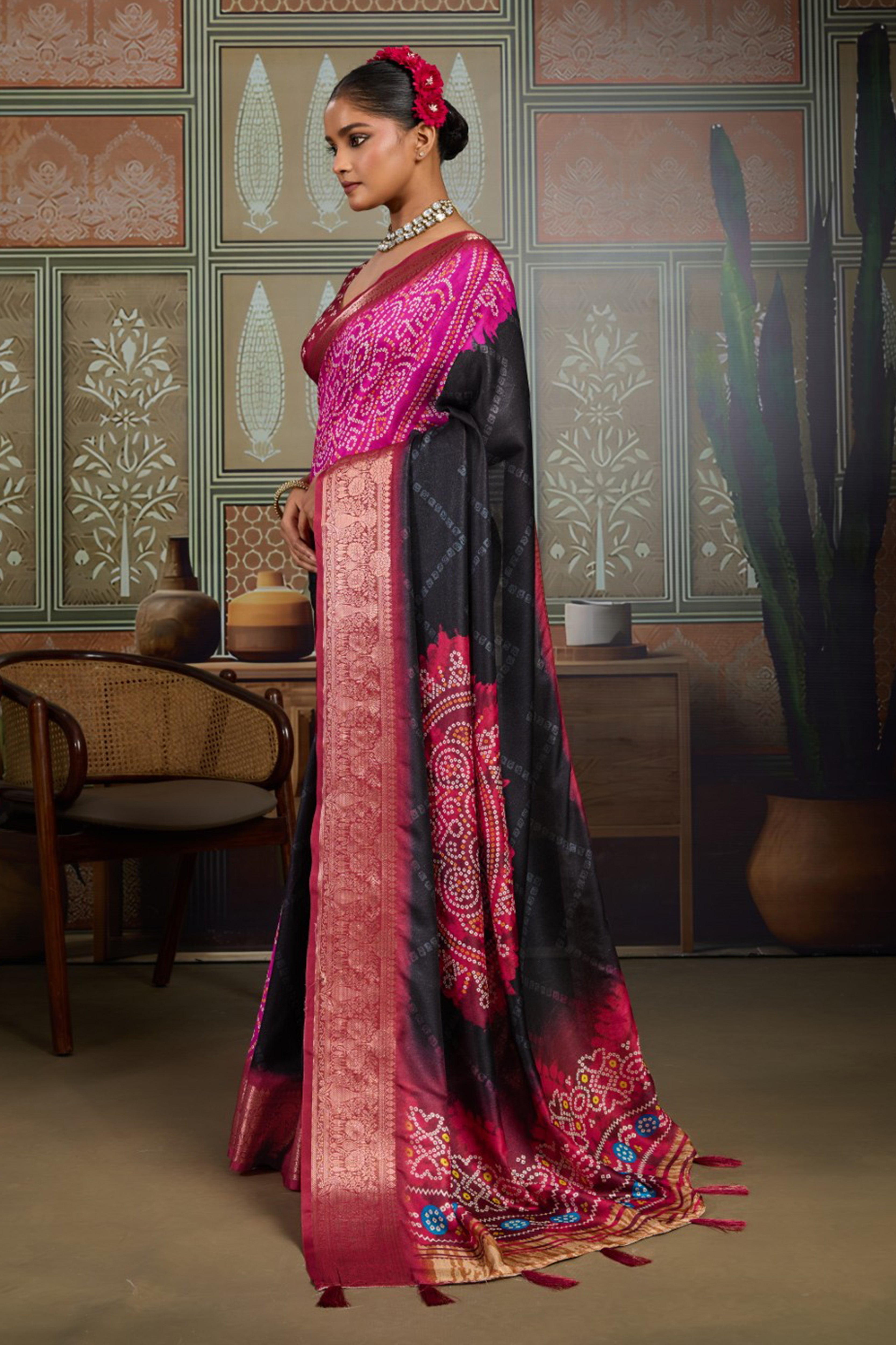 Black Bandhani Jacquard Saree with Magenta Motifs and Zari Border