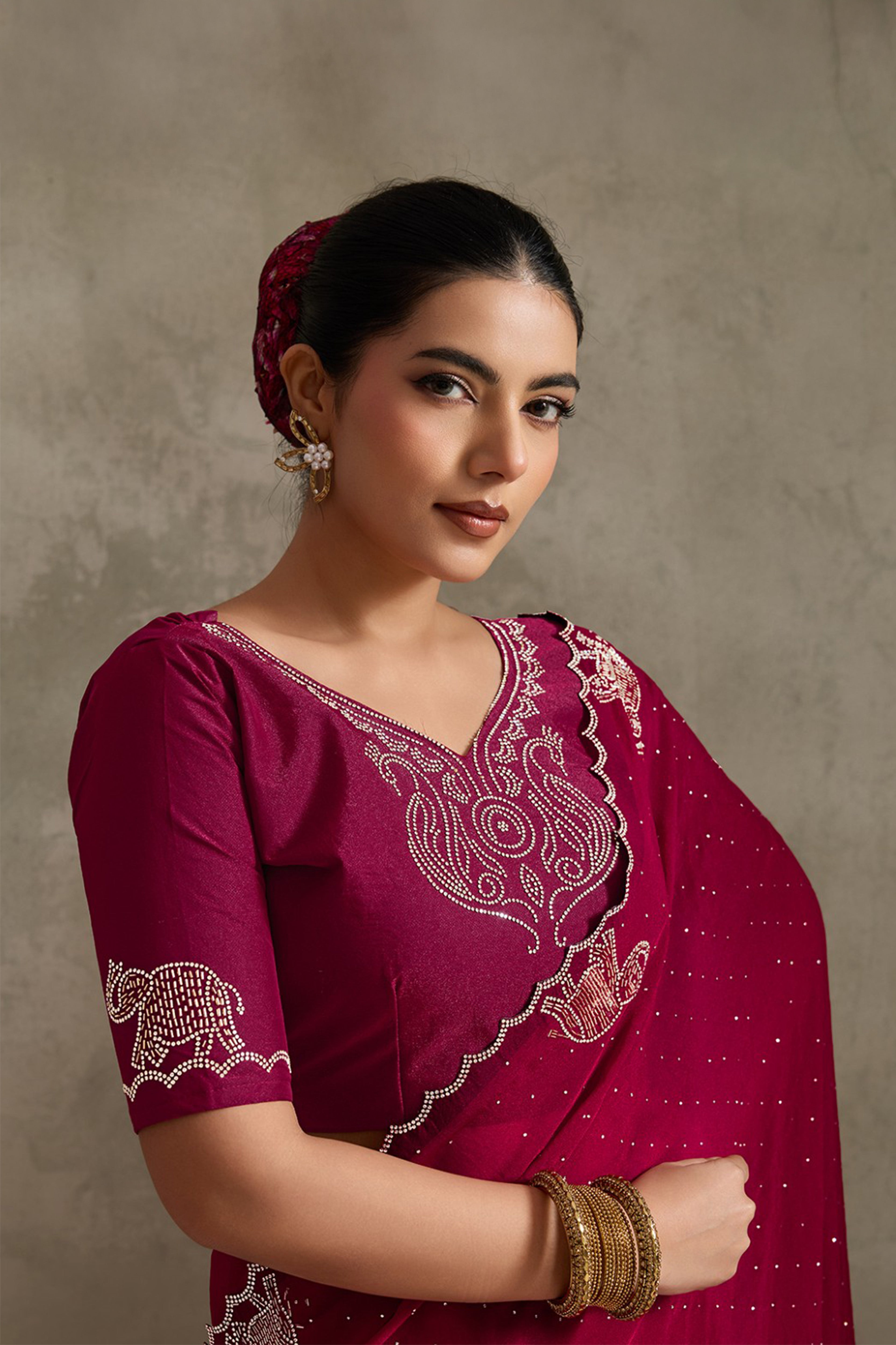 Maroon NC Moss Saree with Jarkhan Embroidery