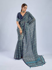 Dark Blue Chiffon Ajrak Print Saree