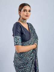 Dark Blue Chiffon Ajrak Print Saree