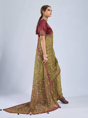 Mustard Chiffon Saree with Maroon Ajrak