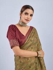 Mustard Chiffon Saree with Maroon Ajrak