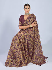 Maroon Chiffon Saree with Yellow Ajrak