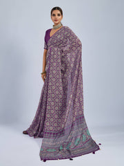 Purple Saree with Yellow and Blue Ajrak