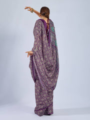 Purple Saree with Yellow and Blue Ajrak