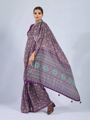 Purple Saree with Yellow and Blue Ajrak
