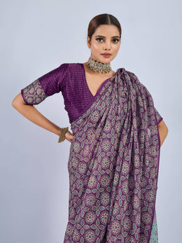 Purple Saree with Yellow and Blue Ajrak