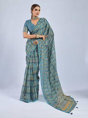 Golden Ajrak Print Light Blue Chiffon Saree