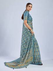 Golden Ajrak Print Light Blue Chiffon Saree