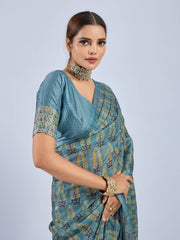 Golden Ajrak Print Light Blue Chiffon Saree