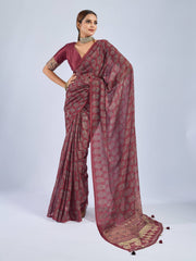 Maroon Chiffon Saree with Grey Ajrak