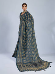 Dark Green Chiffon Saree with Yellow Ajrak