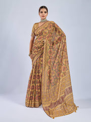 Yellow Chiffon Saree with Red Ajrak